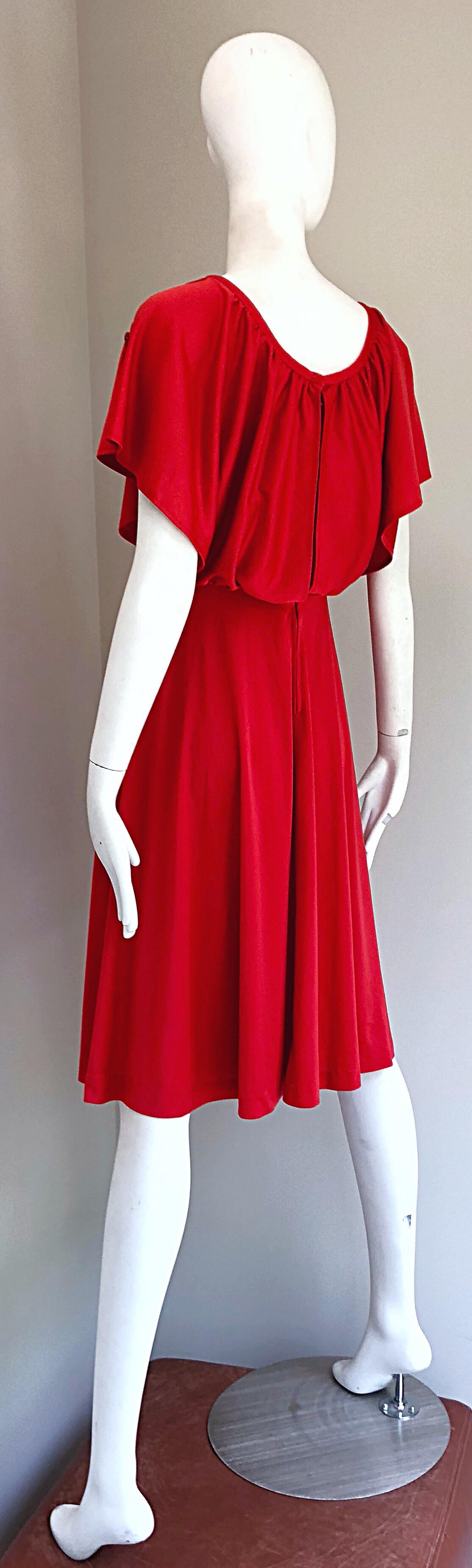 1970s Coral Naranja Frío - Hombro Boho Slinky Vintage 70s Vestido Jersey en venta 6