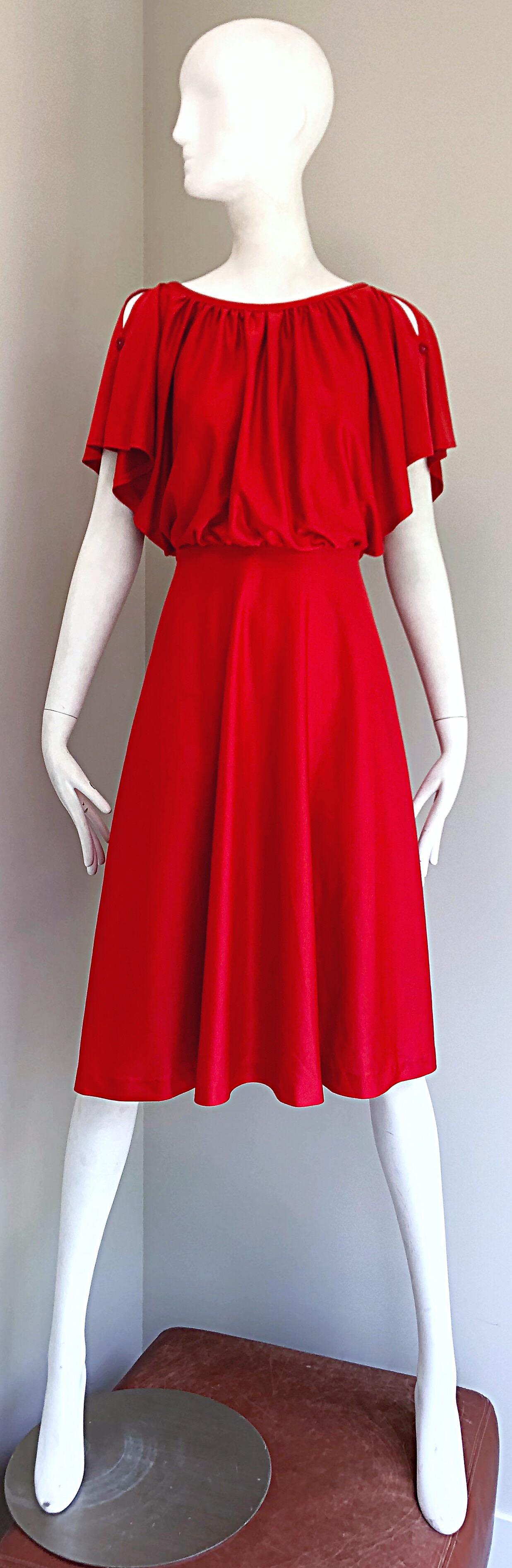 1970s Coral Naranja Frío - Hombro Boho Slinky Vintage 70s Vestido Jersey en venta 7