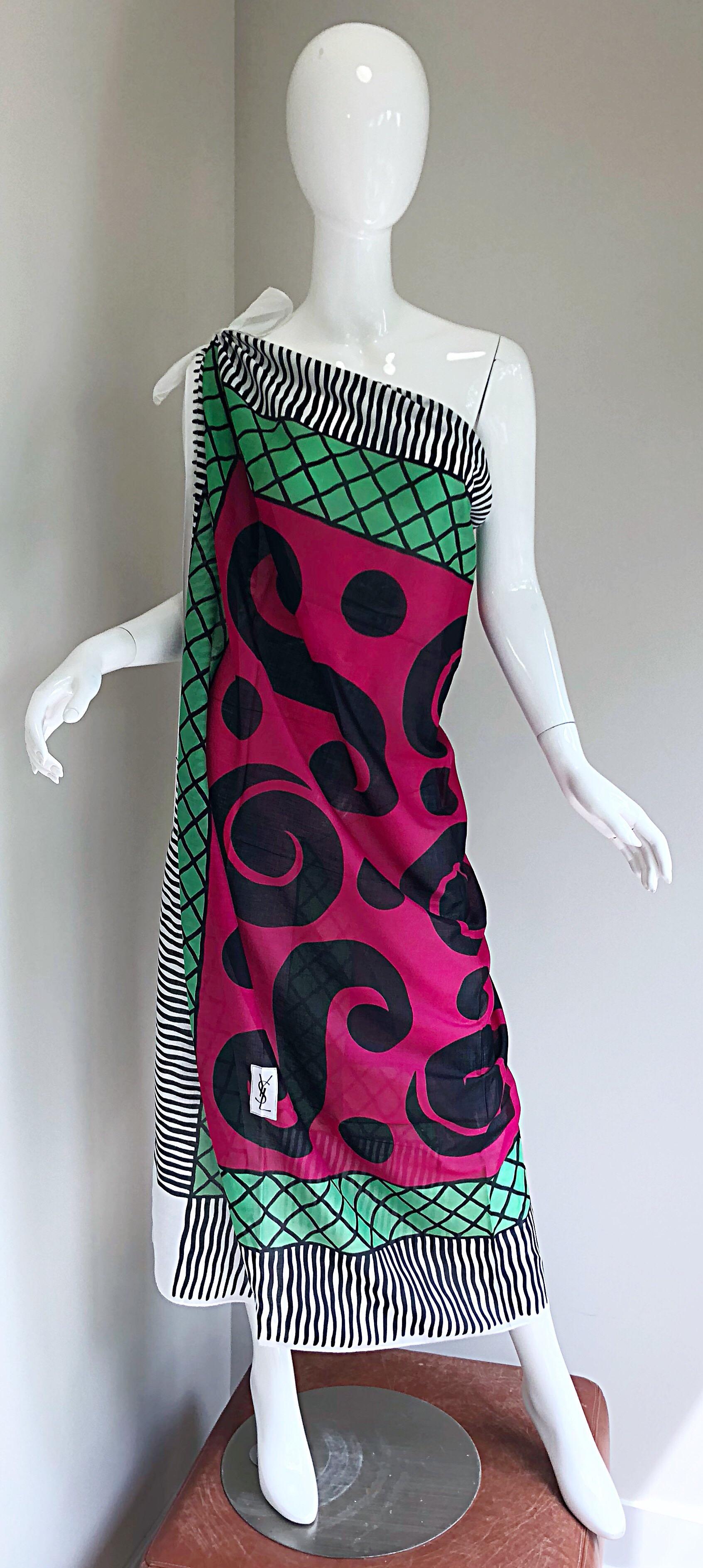 Iconic vintage YSL Yves Saint Laurent lightweight cotton jumbo shawl scarf / parero! Iconic question mark print in vibrant tones of raspberry, black green and white. Can be worn draped across the shoulders, as a wrap skirt, or belted as a one