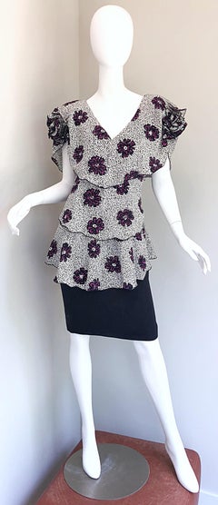 Vintage Holly's Harp 80s Black and White Purple Flower Print Avant Garde Dress