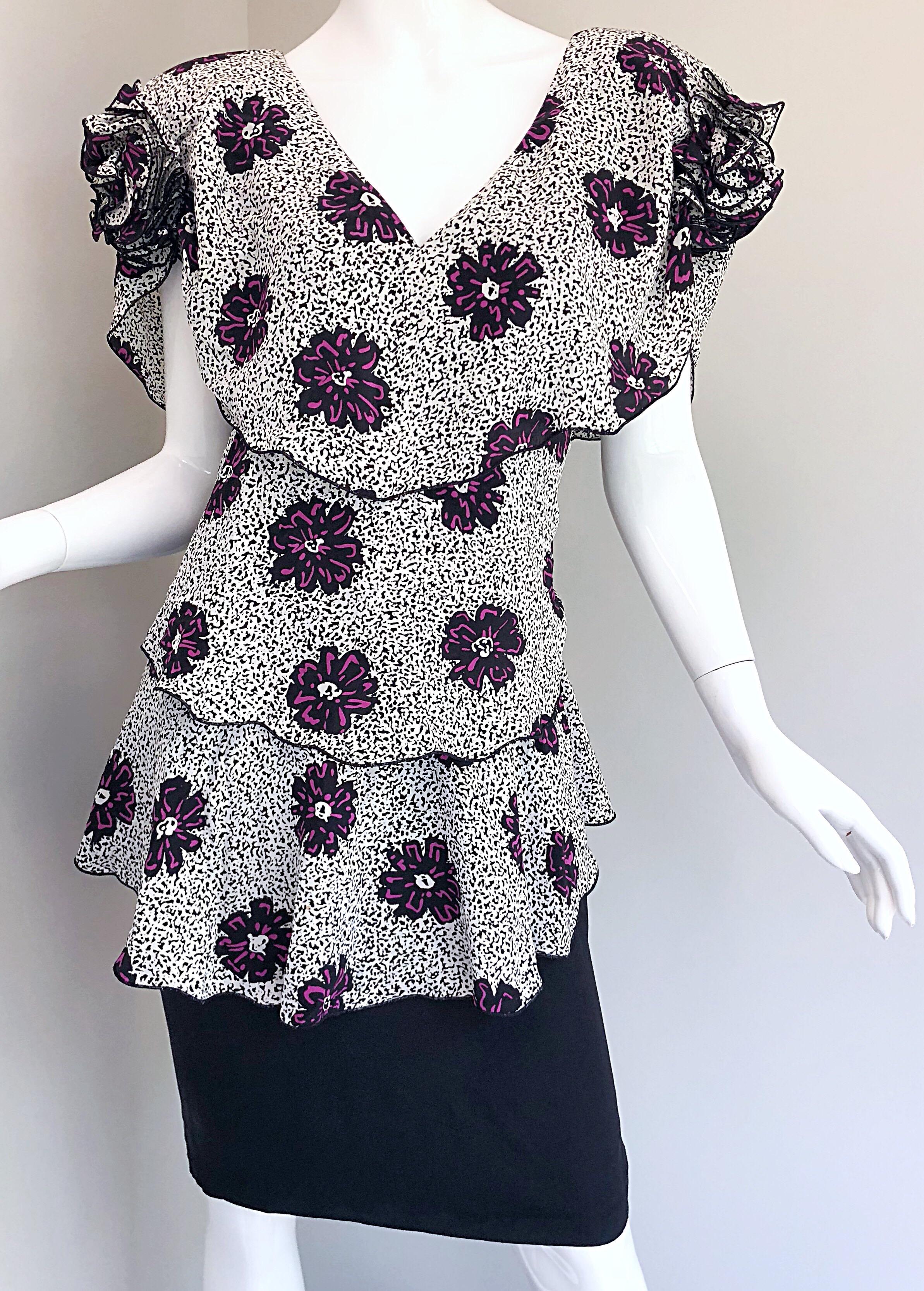 Vintage Holly's Harp 80s Black and White Purple Flower Print Avant Garde Dress For Sale 6