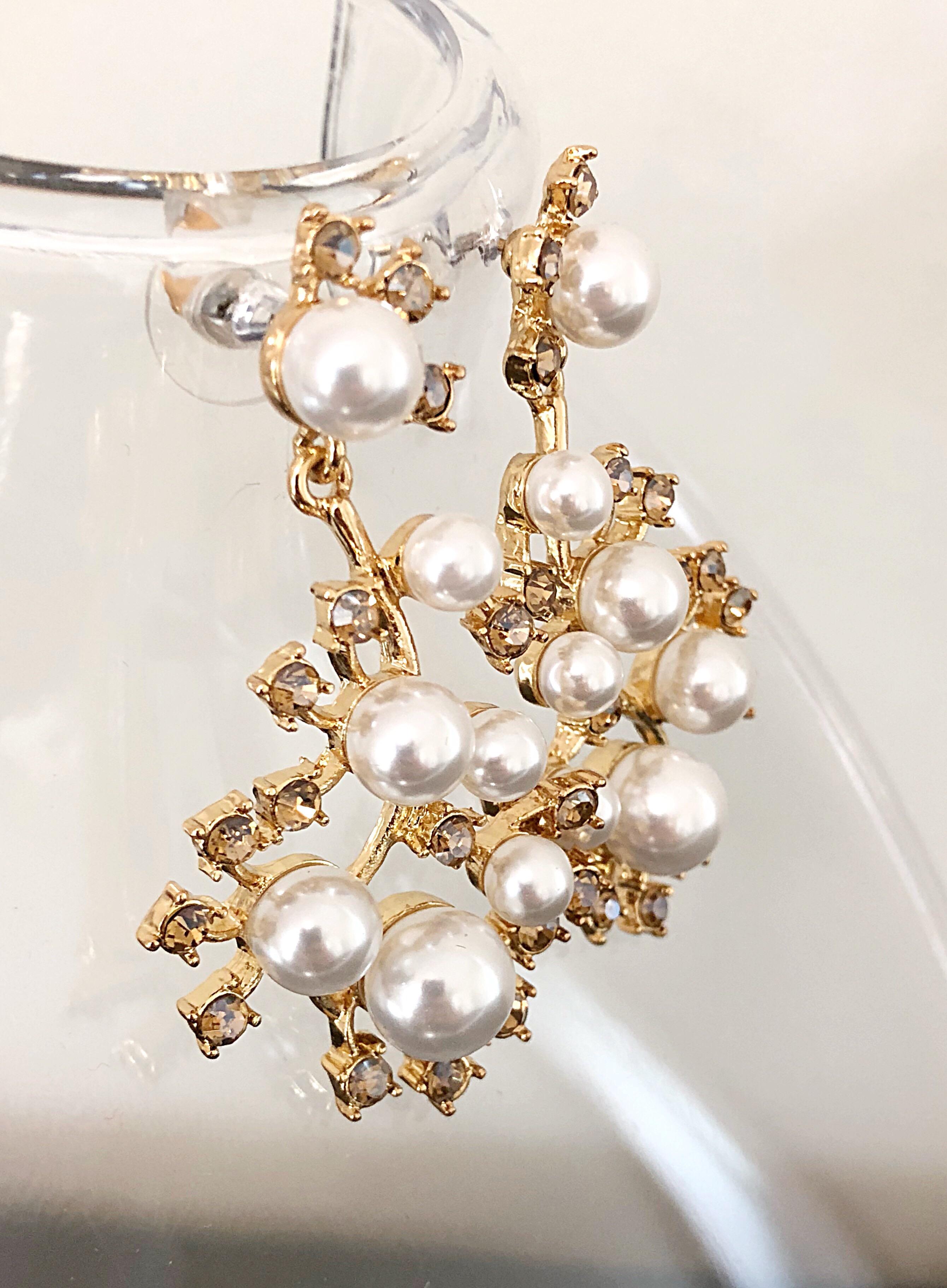 Oscar de la Renta, magnifiques boucles d'oreilles chandelier vintage en perles et strass, neuves Neuf - En vente à San Diego, CA