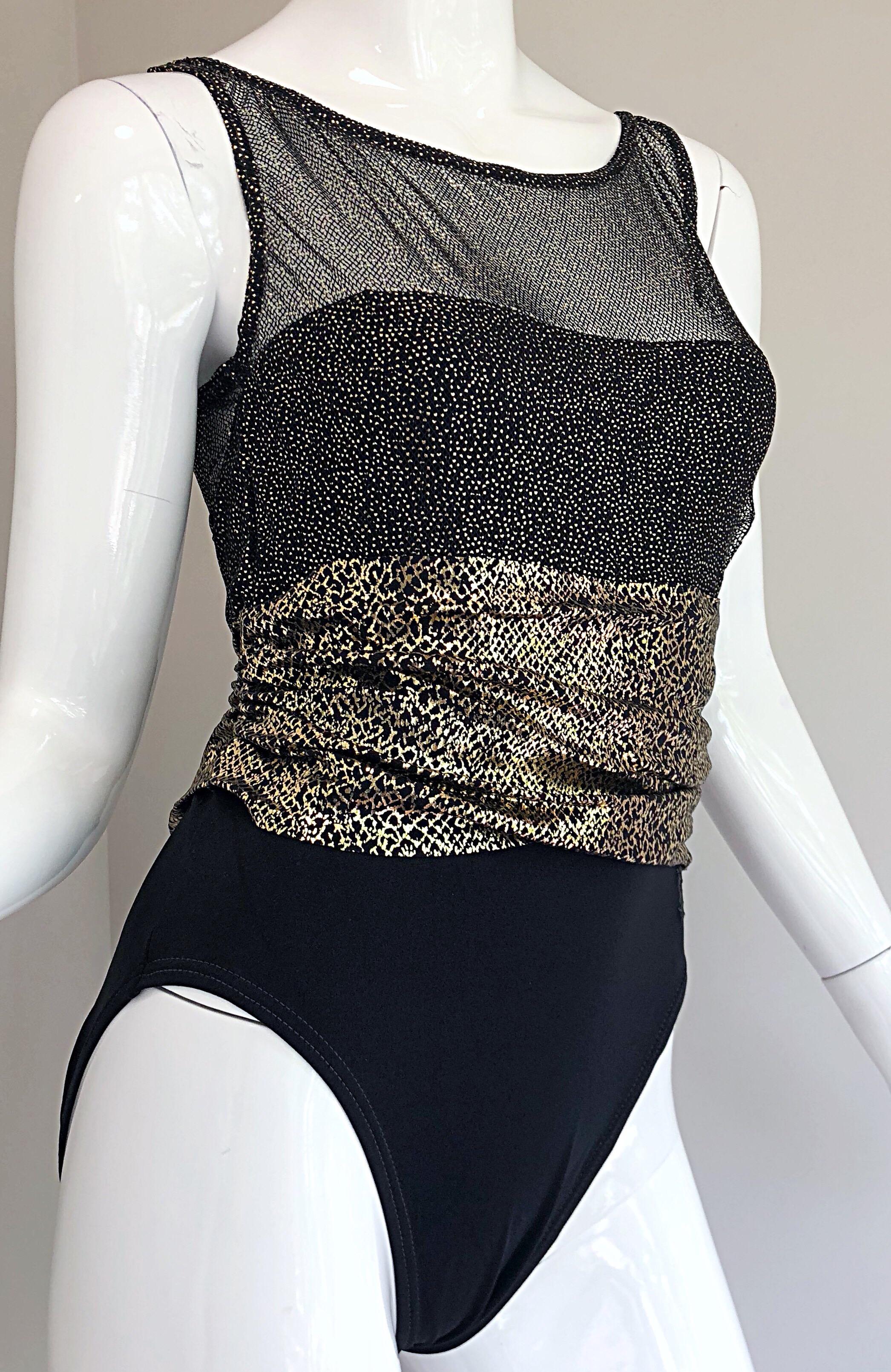 Women's Vintage Yves Saint Laurent Black and Gold Snake One Piece YSL Swimsuit Bodysuit