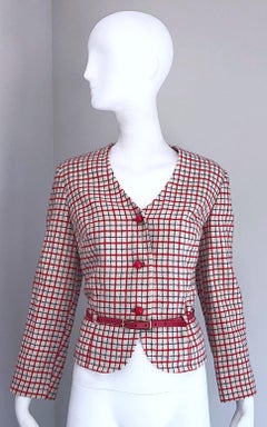 1960s Pendleton Rojo, Blanco y Azul Chaqueta de lana con cinturón 60s Vintage a cuadros