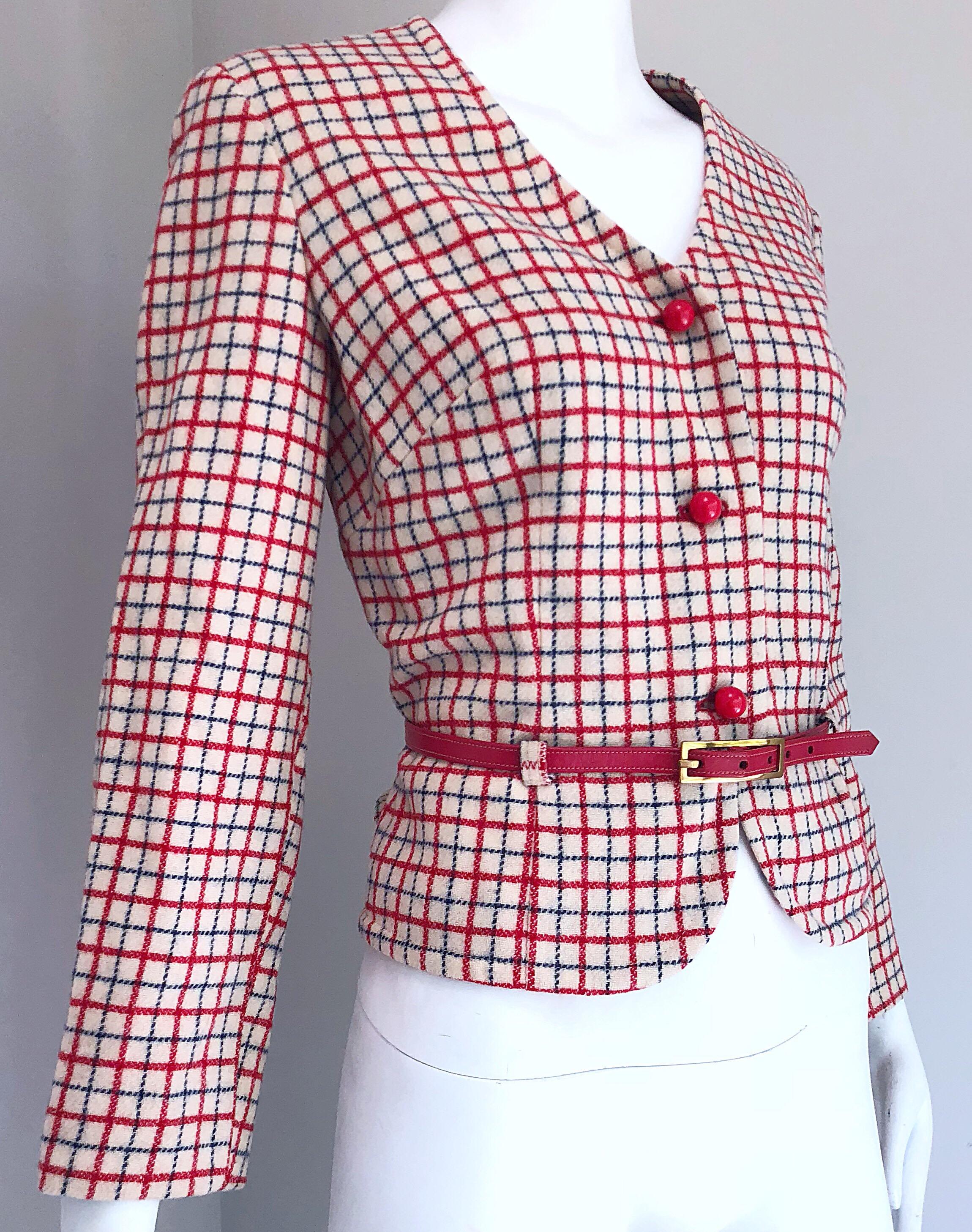 Beige 1960s Pendleton Red, White and Blue Belted Wool 60s Vintage Checkered Jacket (Veste à carreaux) en vente