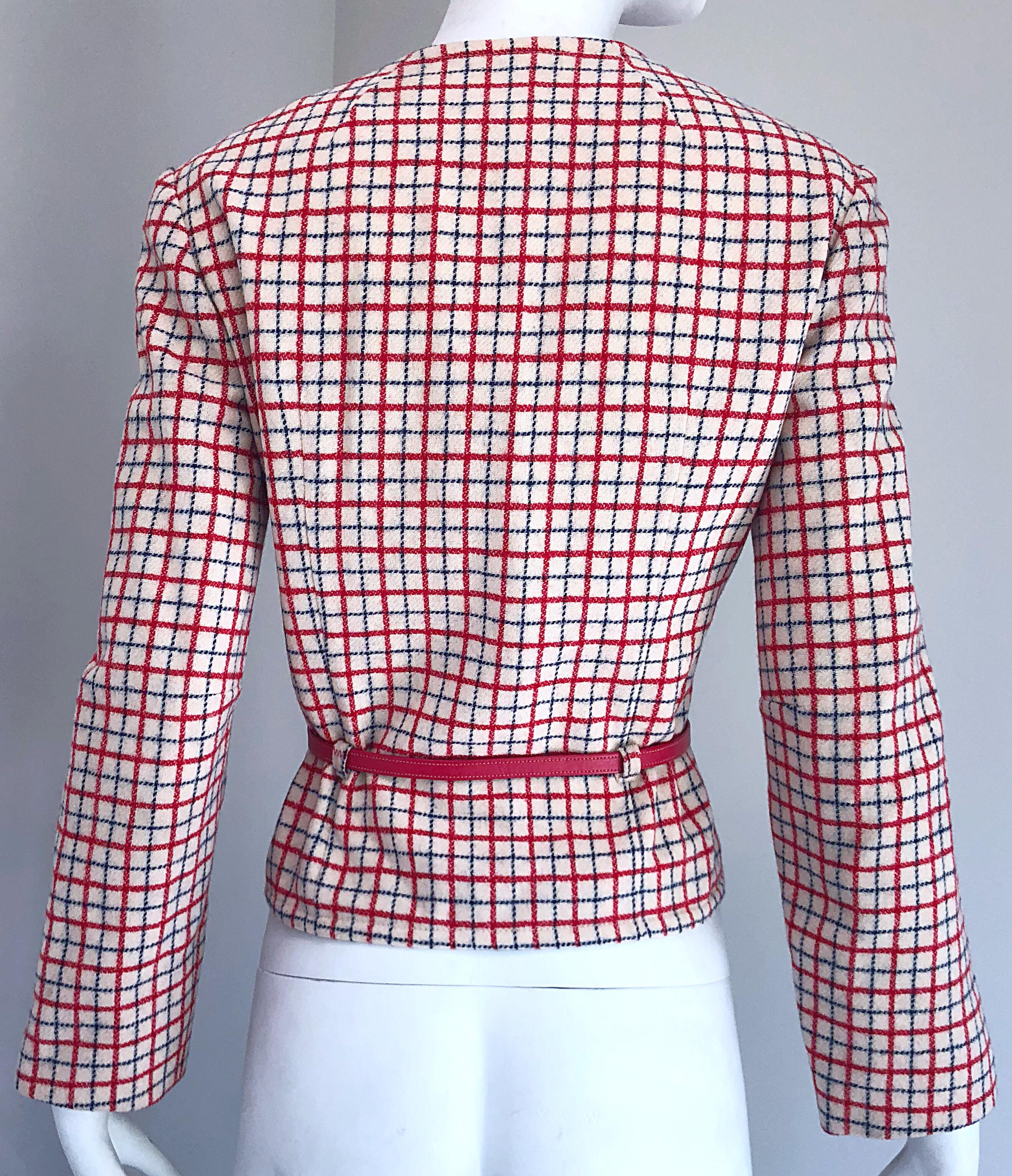 Beige 1960s Pendleton Red, White and Blue Belted Wool 60s Vintage Checkered Jacket For Sale