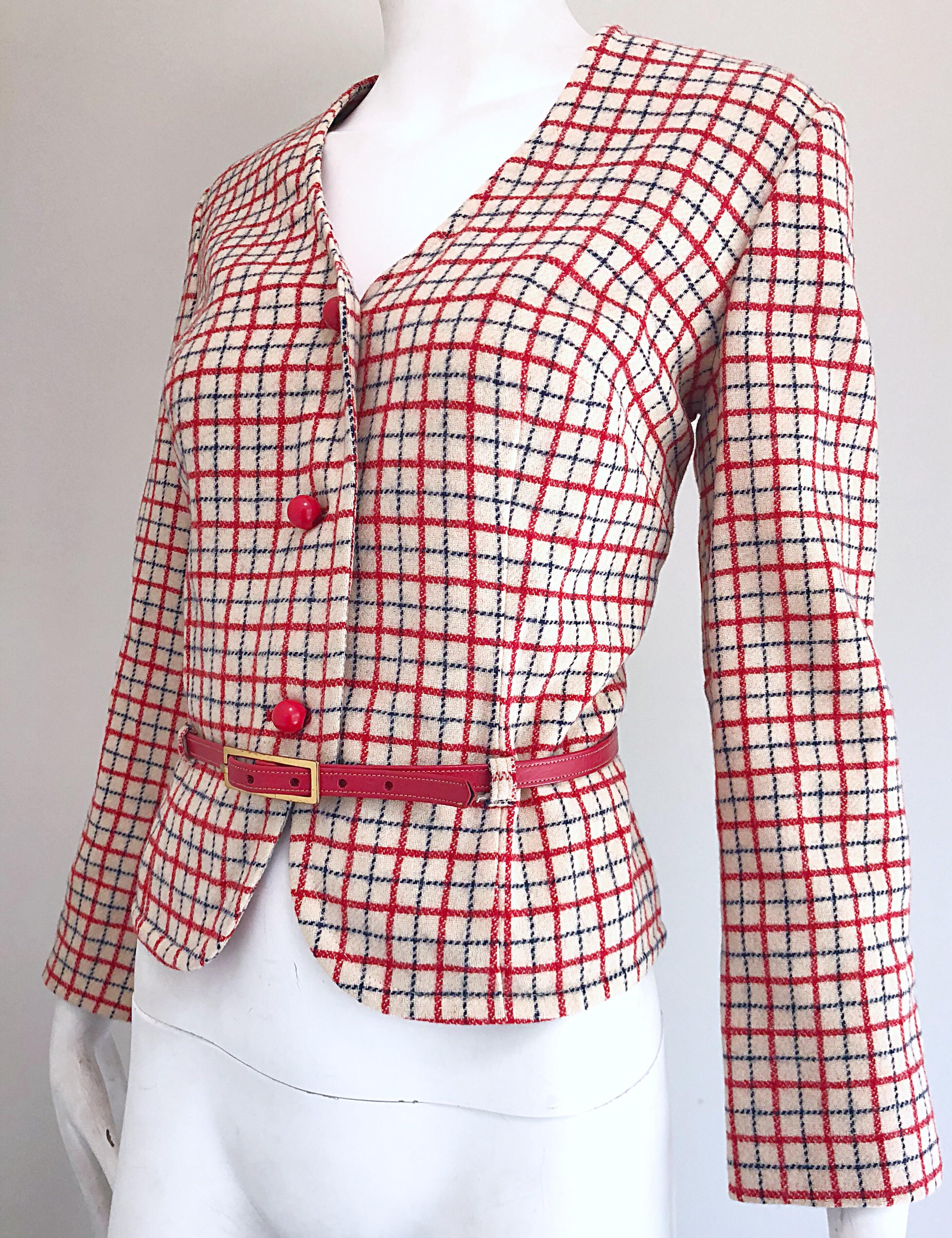 1960s Pendleton Red, White and Blue Belted Wool 60s Vintage Checkered Jacket In Excellent Condition For Sale In San Diego, CA