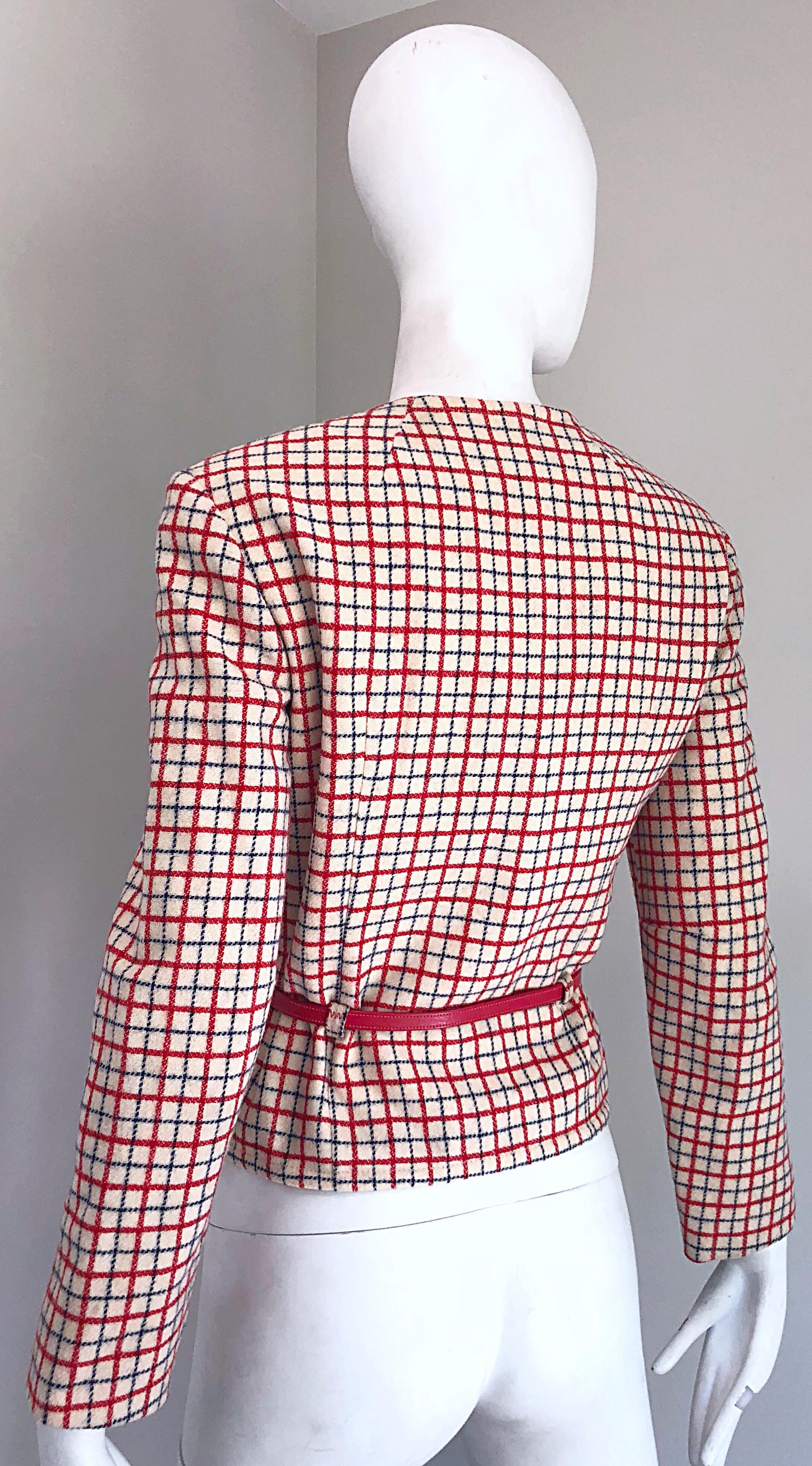 Women's 1960s Pendleton Red, White and Blue Belted Wool 60s Vintage Checkered Jacket For Sale