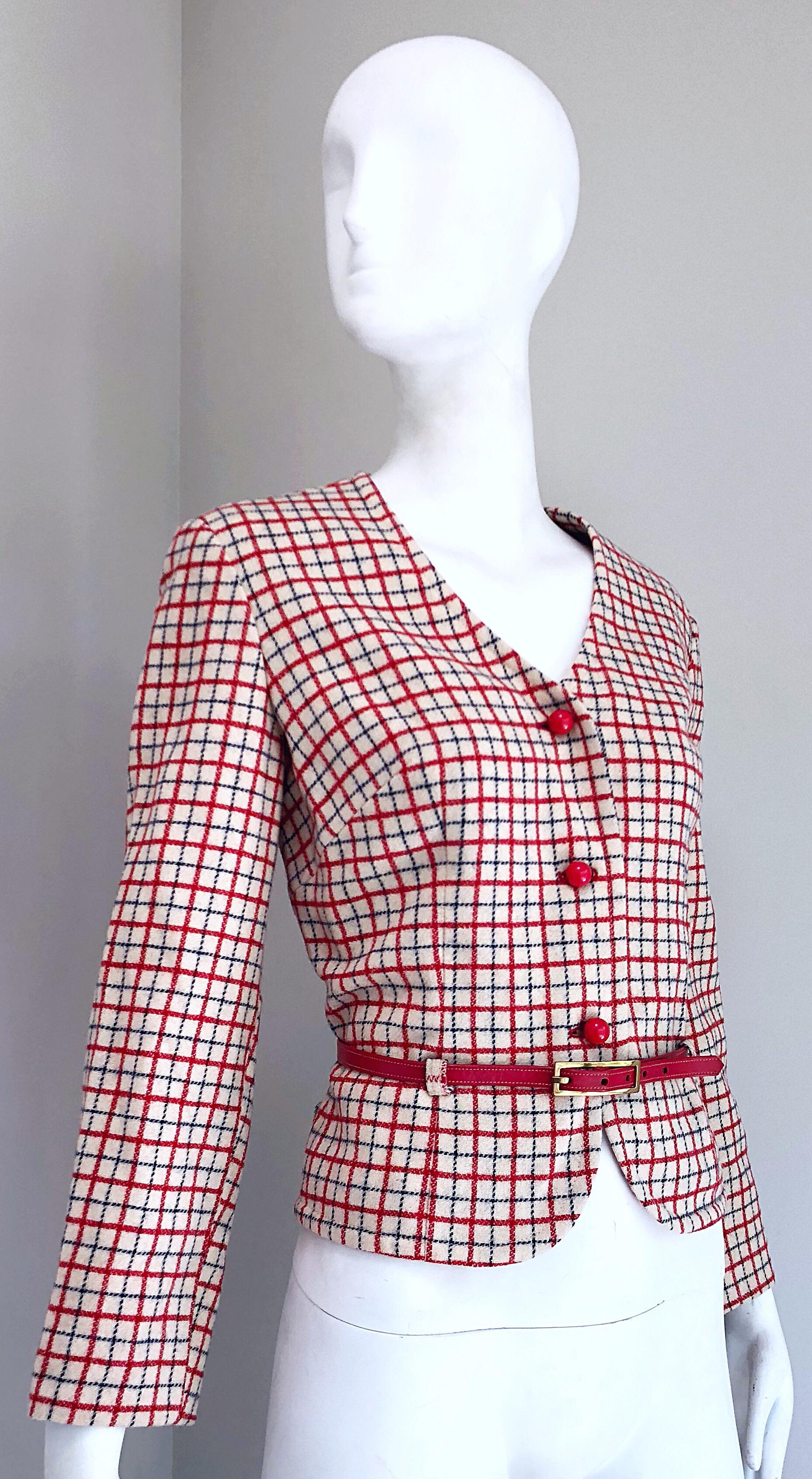 1960s Pendleton Red, White and Blue Belted Wool 60s Vintage Checkered Jacket For Sale 1