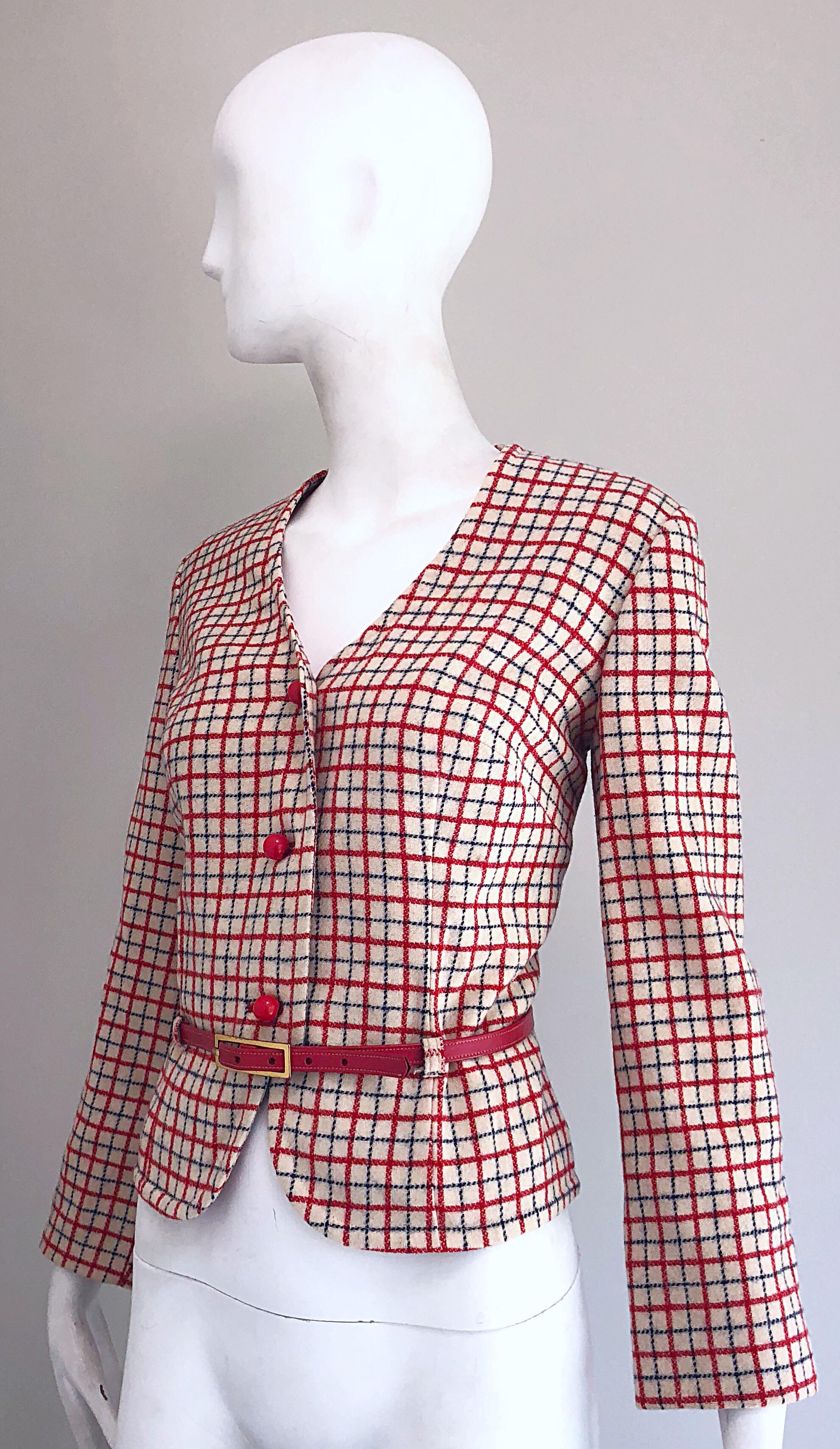 1960s Pendleton Red, White and Blue Belted Wool 60s Vintage Checkered Jacket For Sale 2