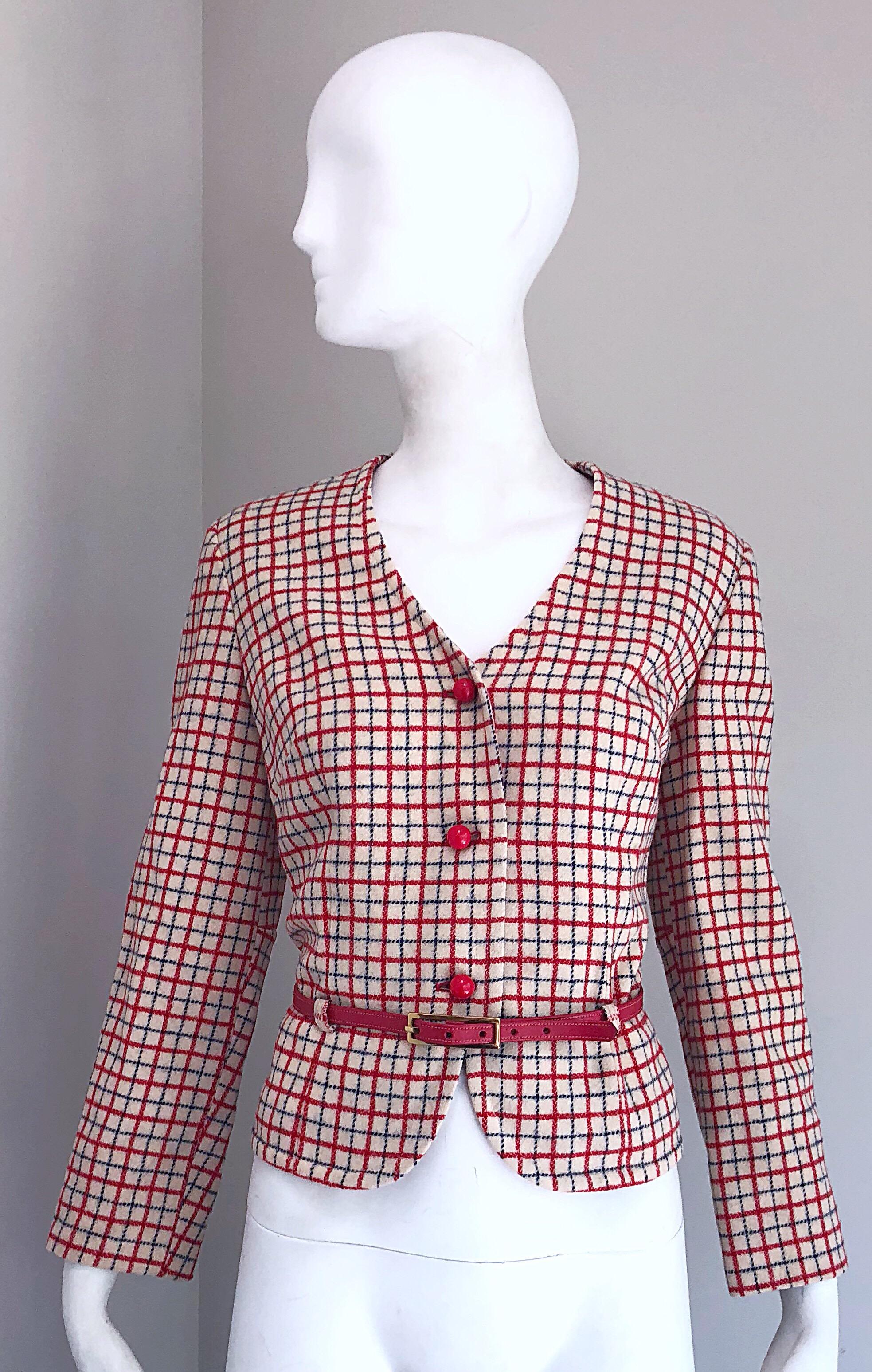 1960s Pendleton Red, White and Blue Belted Wool 60s Vintage Checkered Jacket For Sale 3