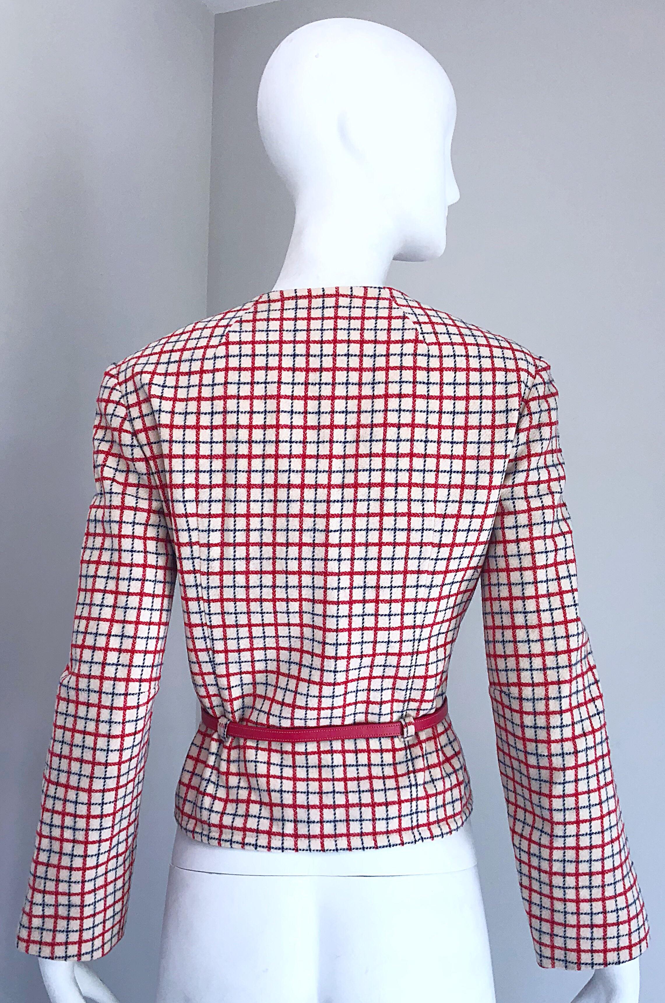 1960s Pendleton Red, White and Blue Belted Wool 60s Vintage Checkered Jacket For Sale 4