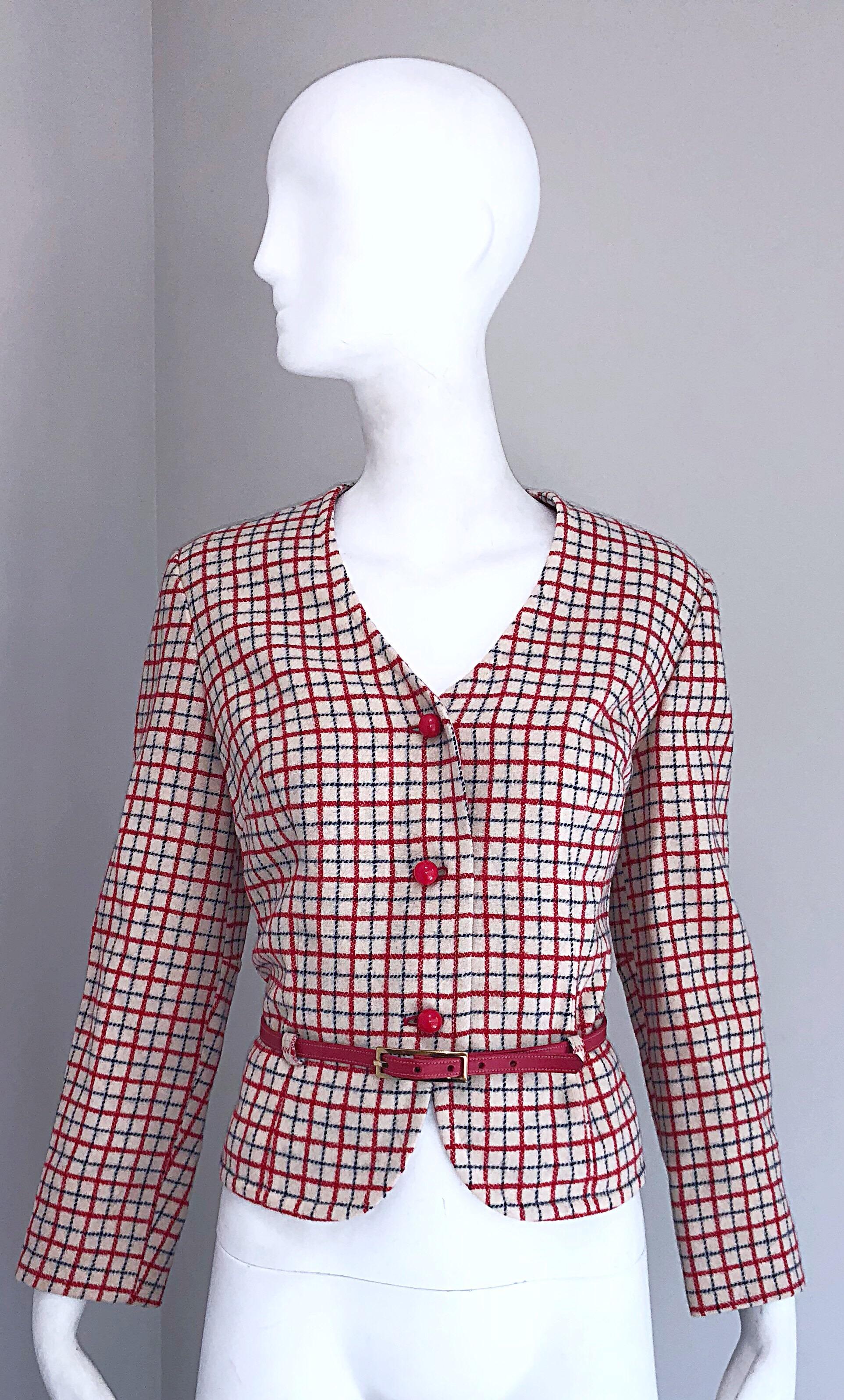 1960s Pendleton Red, White and Blue Belted Wool 60s Vintage Checkered Jacket For Sale 5
