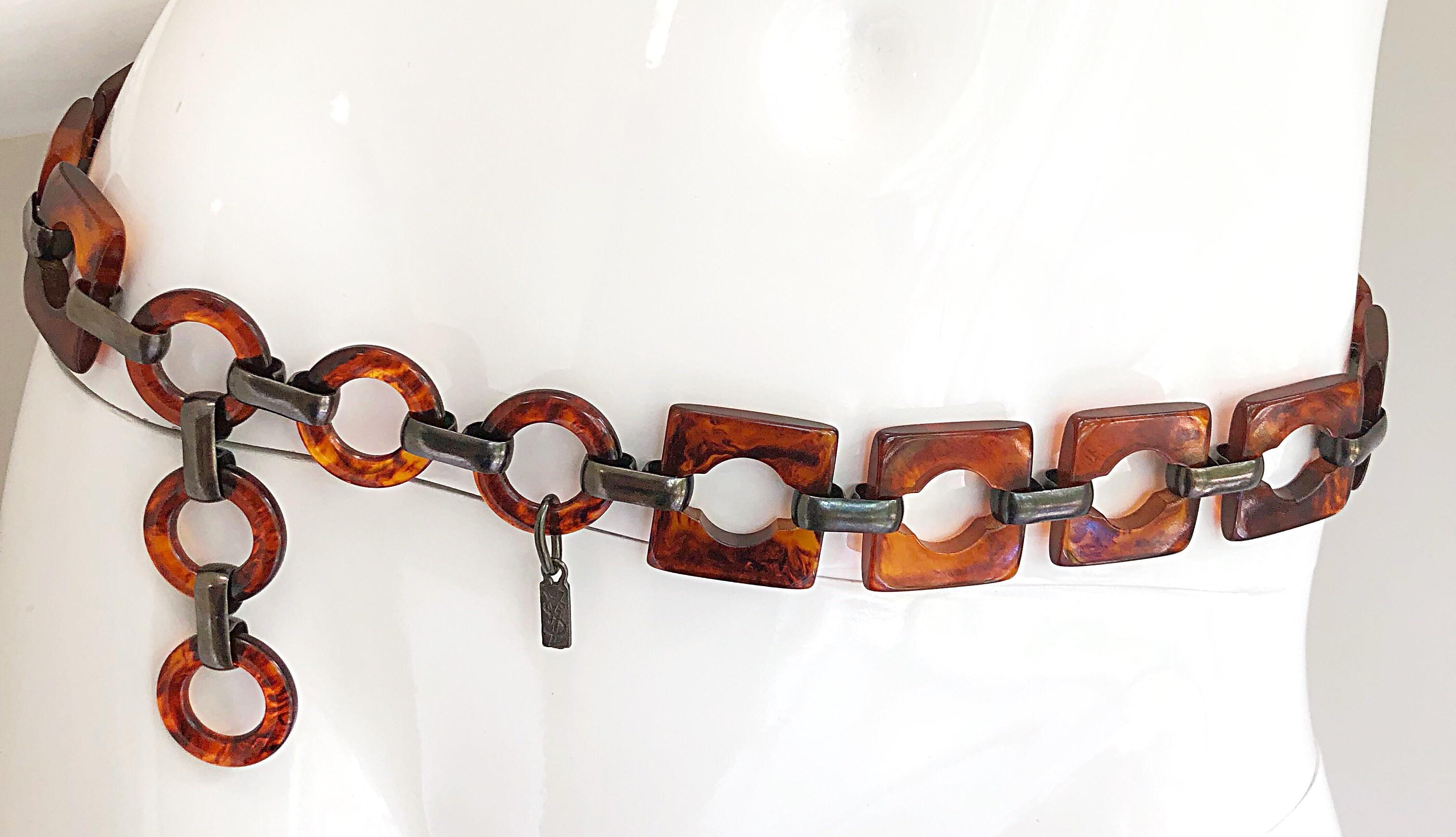 Amazing early 1970s YVES SAINT LAURENT faux tortoise shell belt or necklace! Square links mixed with circle links. Fabulous amber brown and black pattern match anything and everything. Great looped through jean belt loops, or over a dress. Also