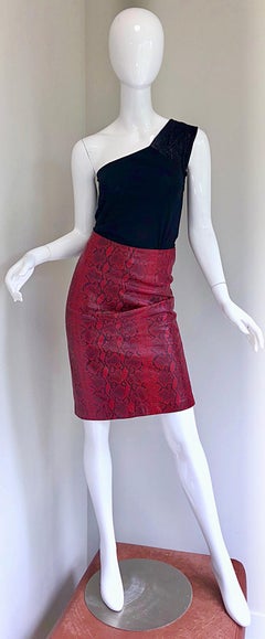 Sexy 1980s Red Leather Snake Skin High Waisted 80s Vintage Wiggle Pencil Skirt