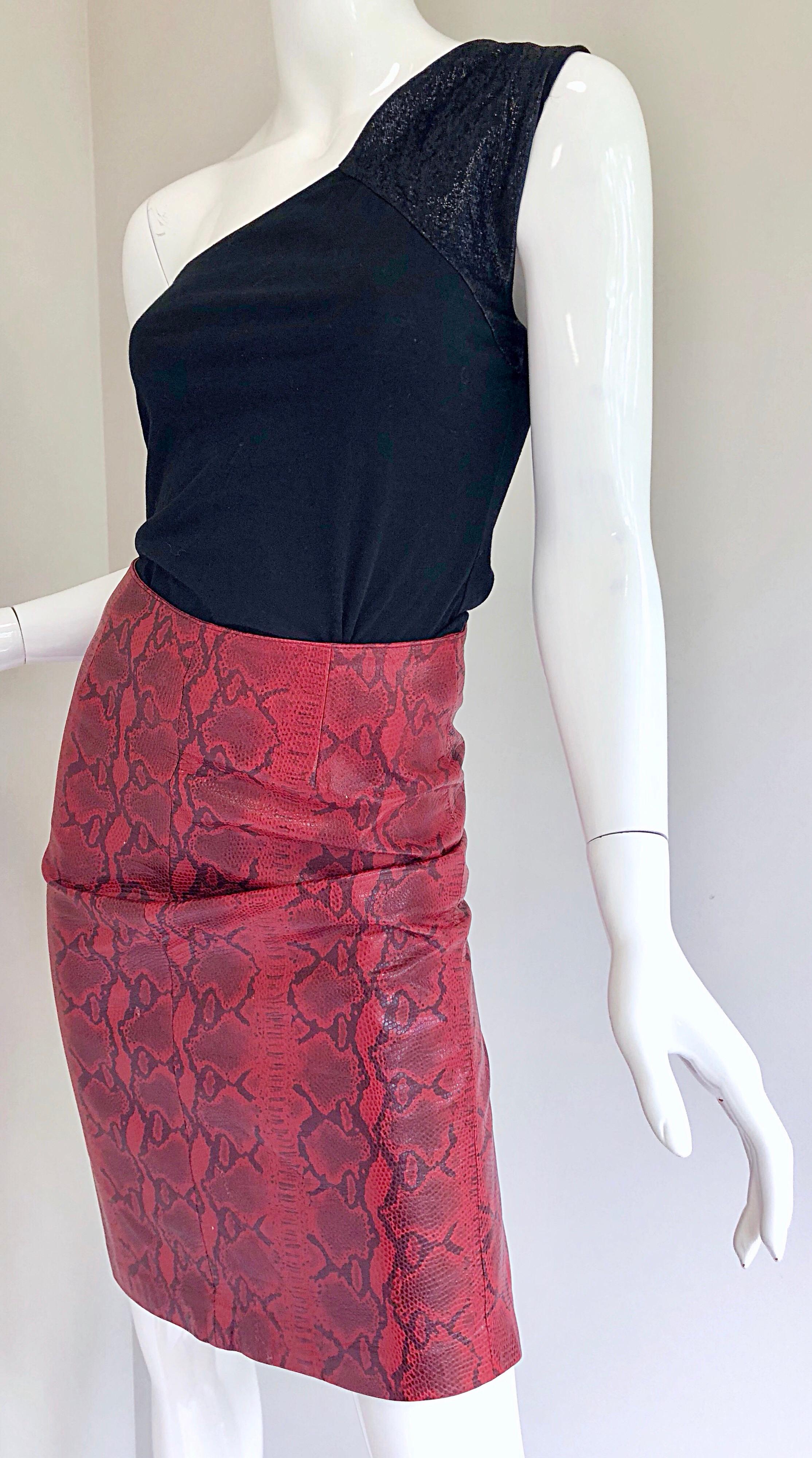 Women's Sexy 1980s Red Leather Snake Skin High Waisted 80s Vintage Wiggle Pencil Skirt For Sale
