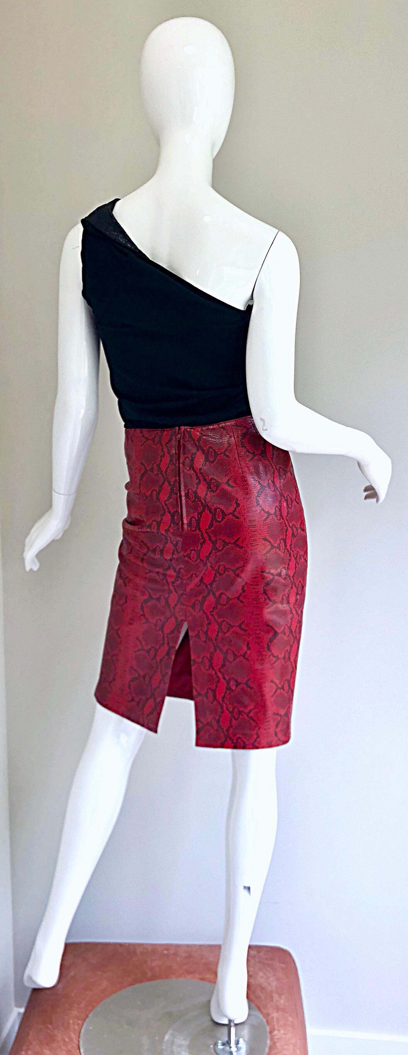 Sexy 1980s Red Leather Snake Skin High Waisted 80s Vintage Wiggle Pencil Skirt For Sale 1