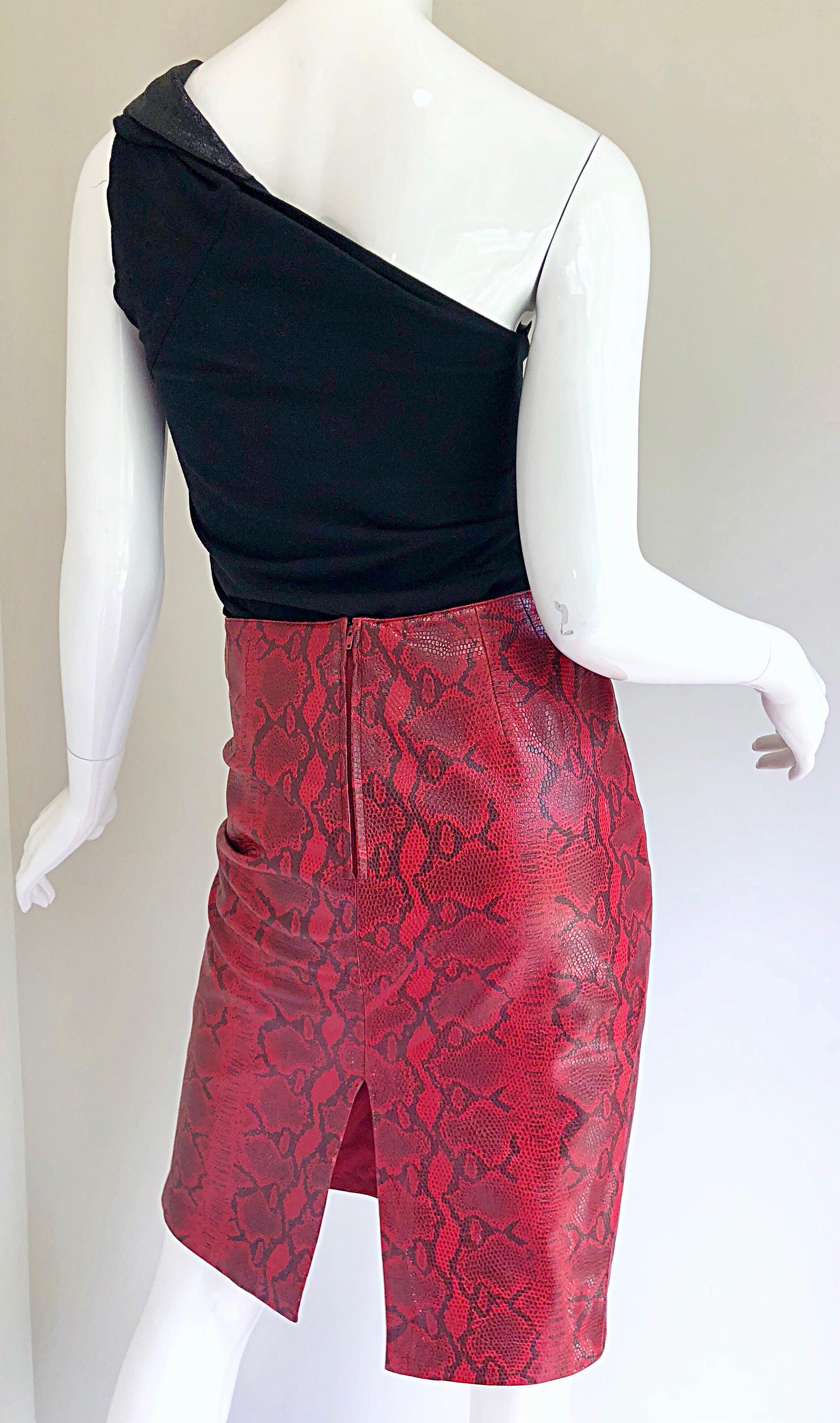 Sexy 1980s Red Leather Snake Skin High Waisted 80s Vintage Wiggle Pencil Skirt For Sale 6