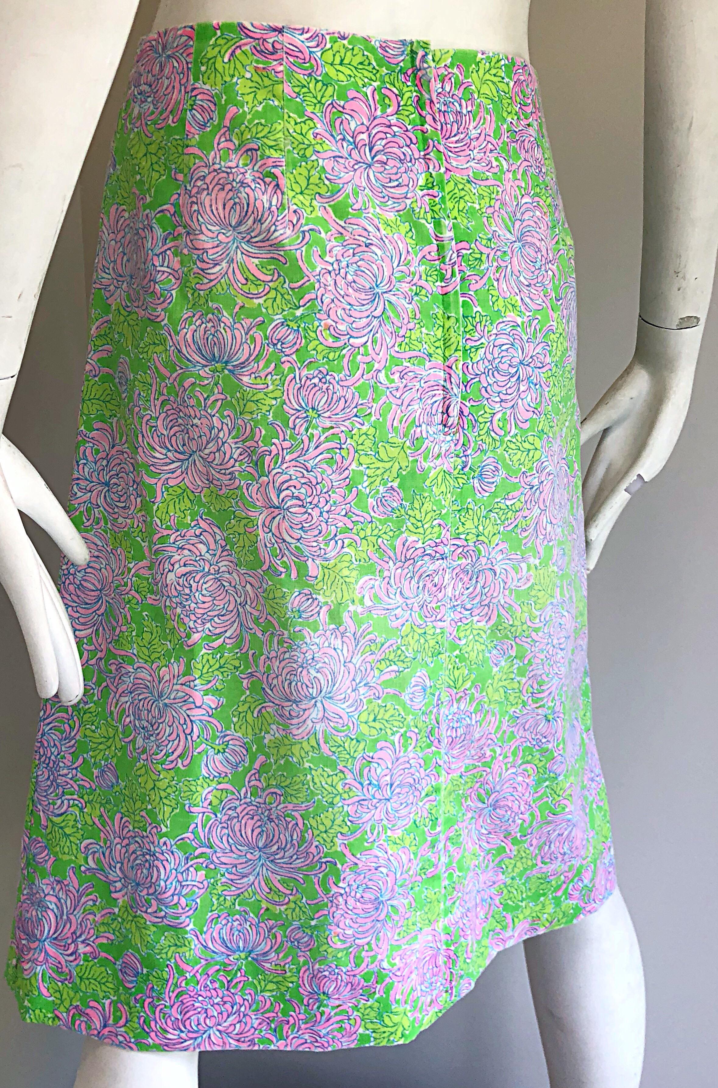 Gray 1960s Lilly Pulitzer Neon Green + Pink Flower Print 60s Vintage A - Line Skirt
