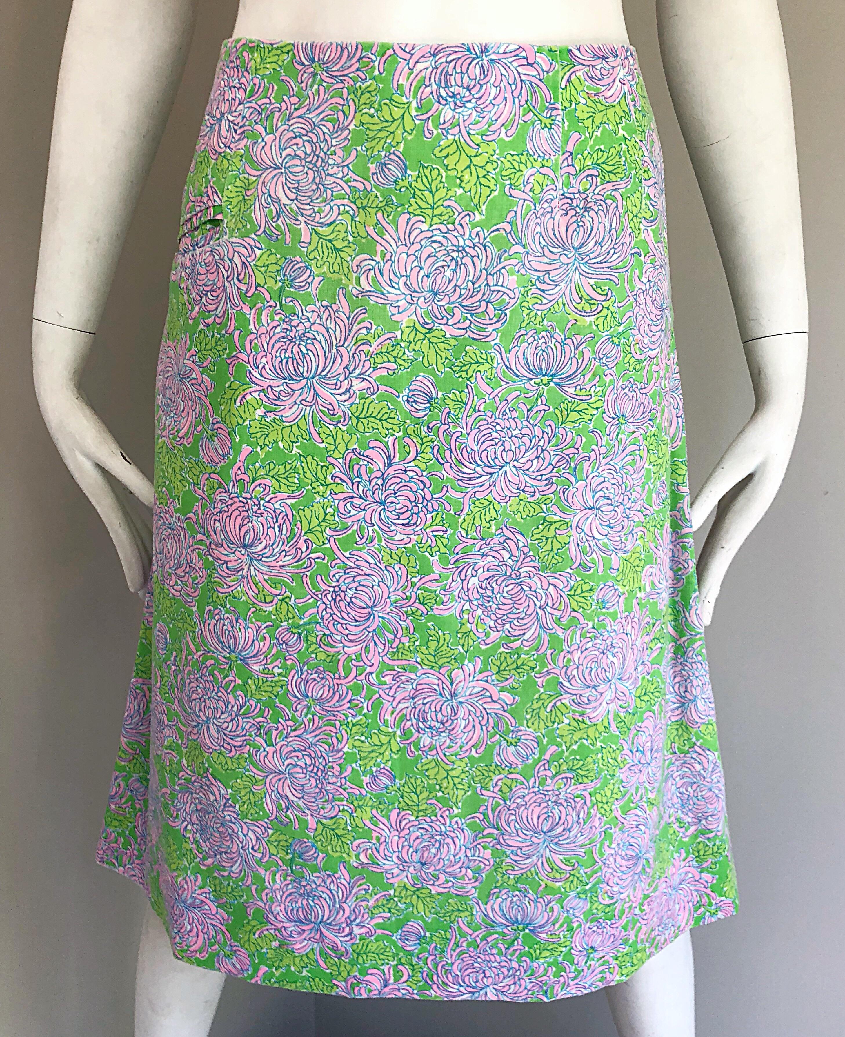 1960s Lilly Pulitzer Neon Green + Pink Flower Print 60s Vintage A - Line Skirt In Excellent Condition In San Diego, CA