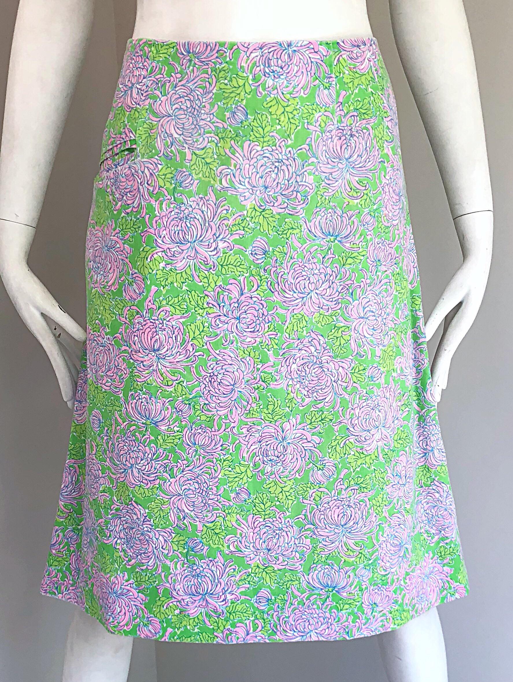 Women's 1960s Lilly Pulitzer Neon Green + Pink Flower Print 60s Vintage A - Line Skirt