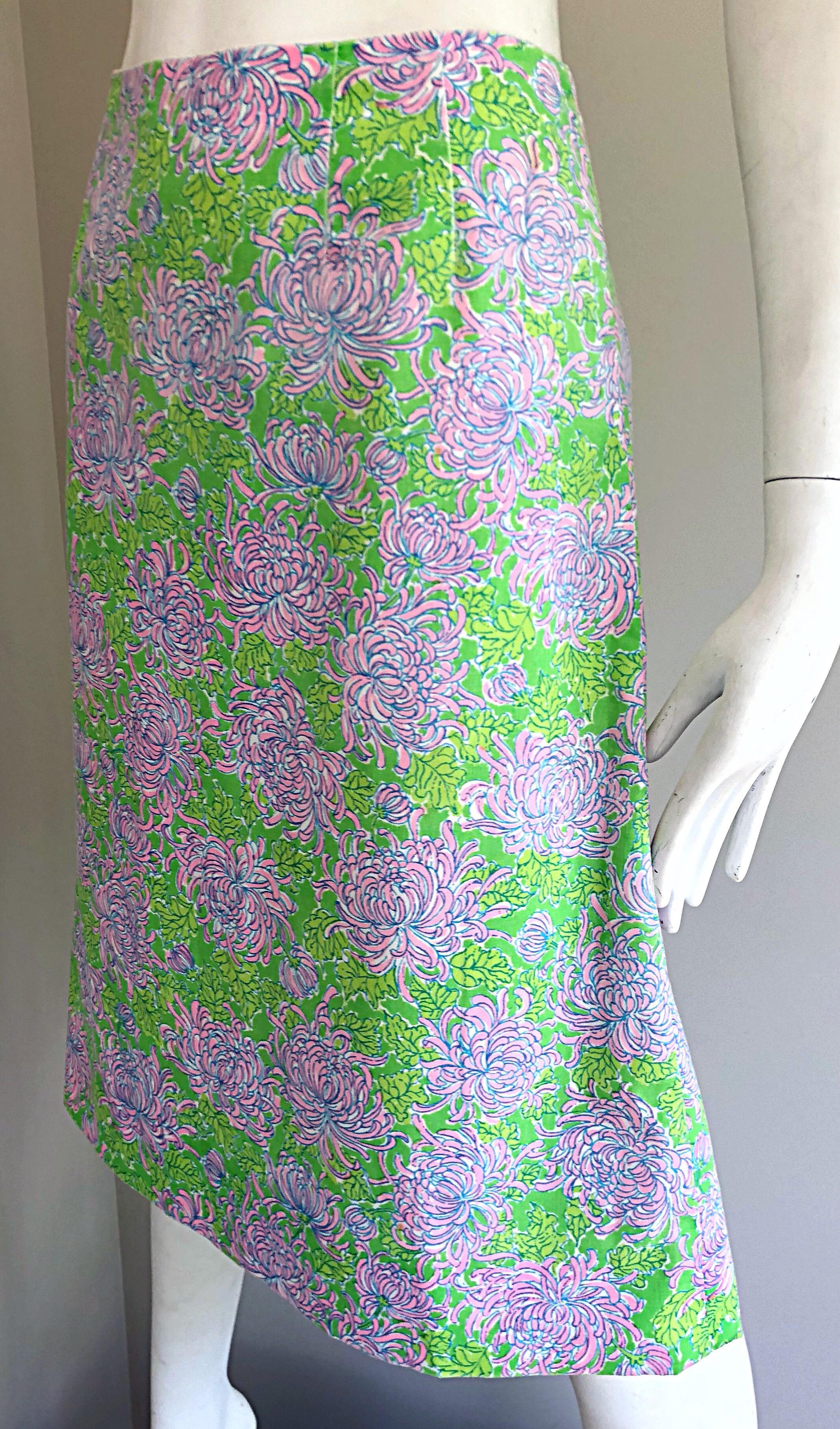 1960s Lilly Pulitzer Neon Green + Pink Flower Print 60s Vintage A - Line Skirt 1