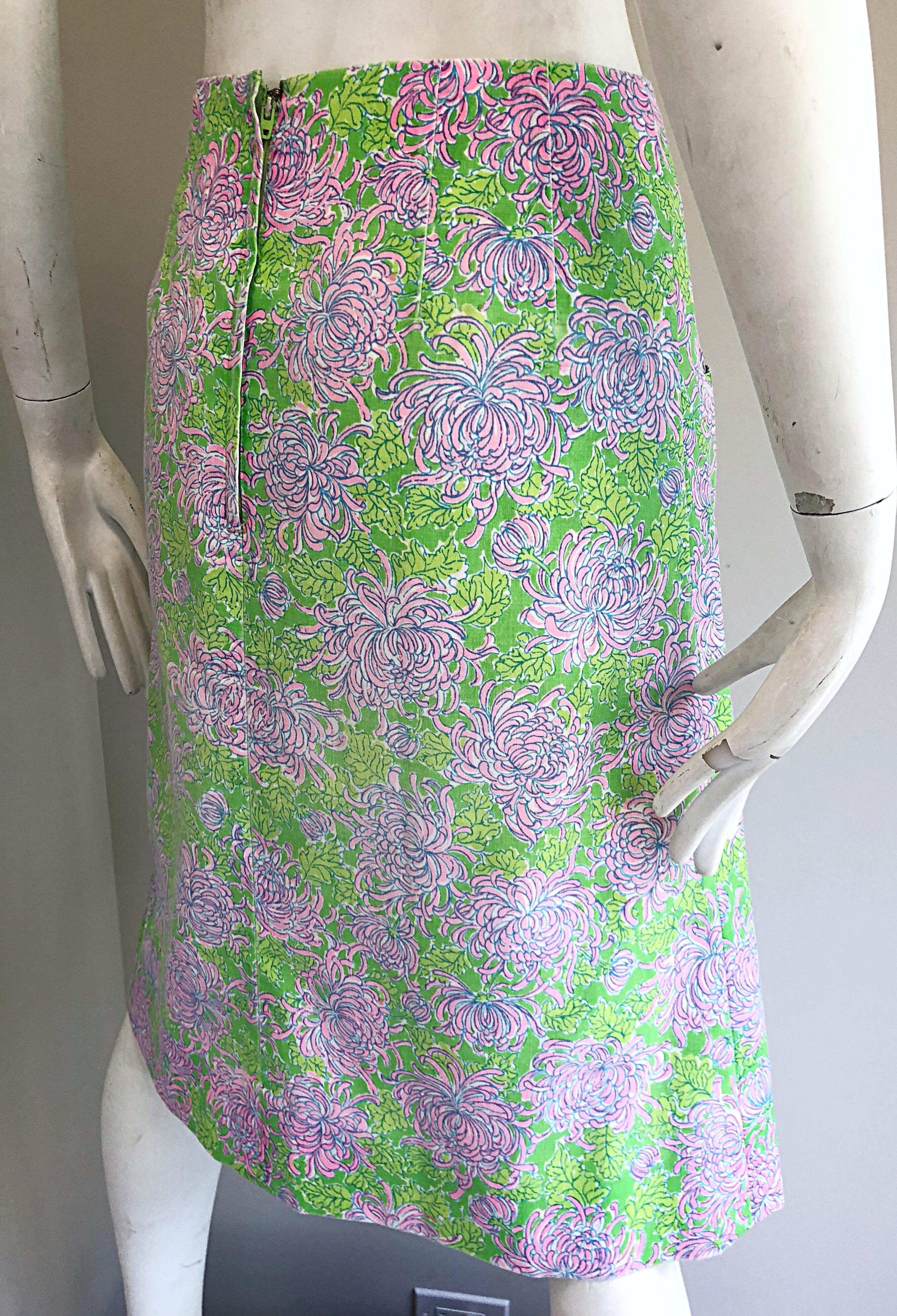 1960s Lilly Pulitzer Neon Green + Pink Flower Print 60s Vintage A - Line Skirt 2