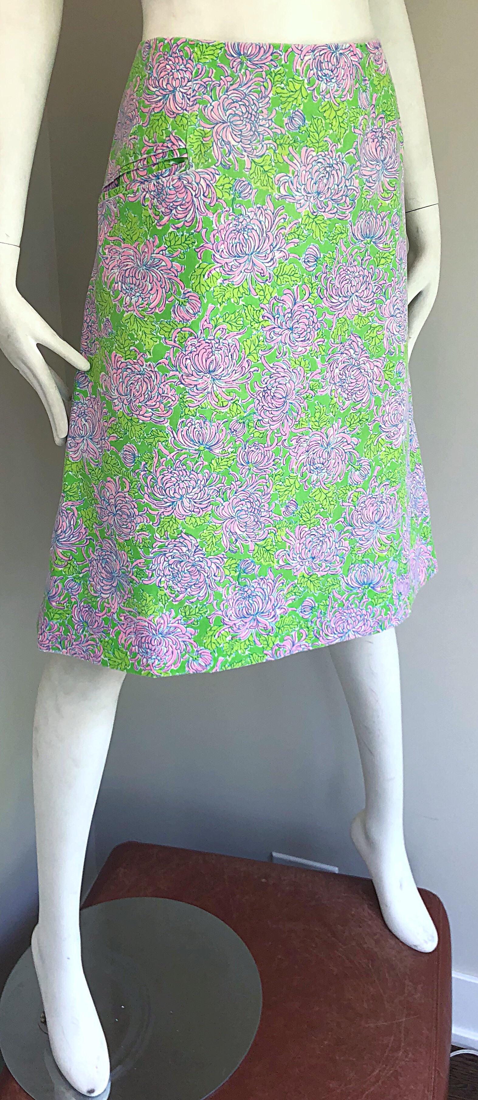 1960s Lilly Pulitzer Neon Green + Pink Flower Print 60s Vintage A - Line Skirt 3