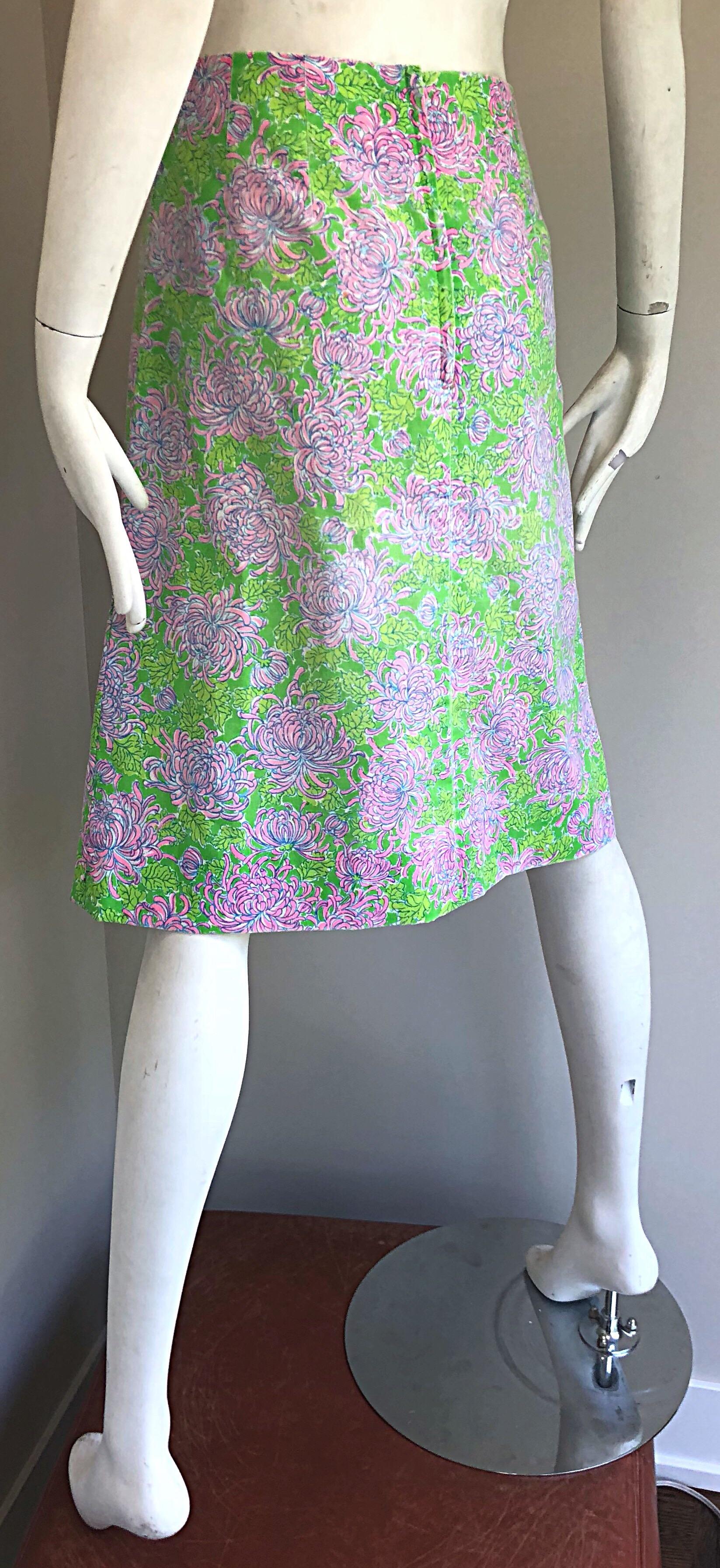 1960s Lilly Pulitzer Neon Green + Pink Flower Print 60s Vintage A - Line Skirt 4