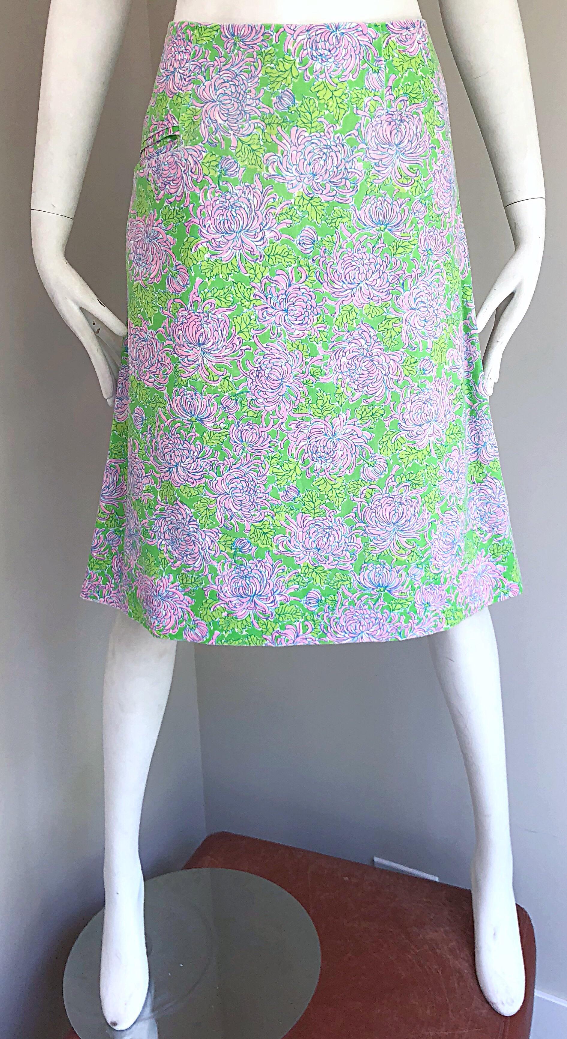 1960s Lilly Pulitzer Neon Green + Pink Flower Print 60s Vintage A - Line Skirt 5