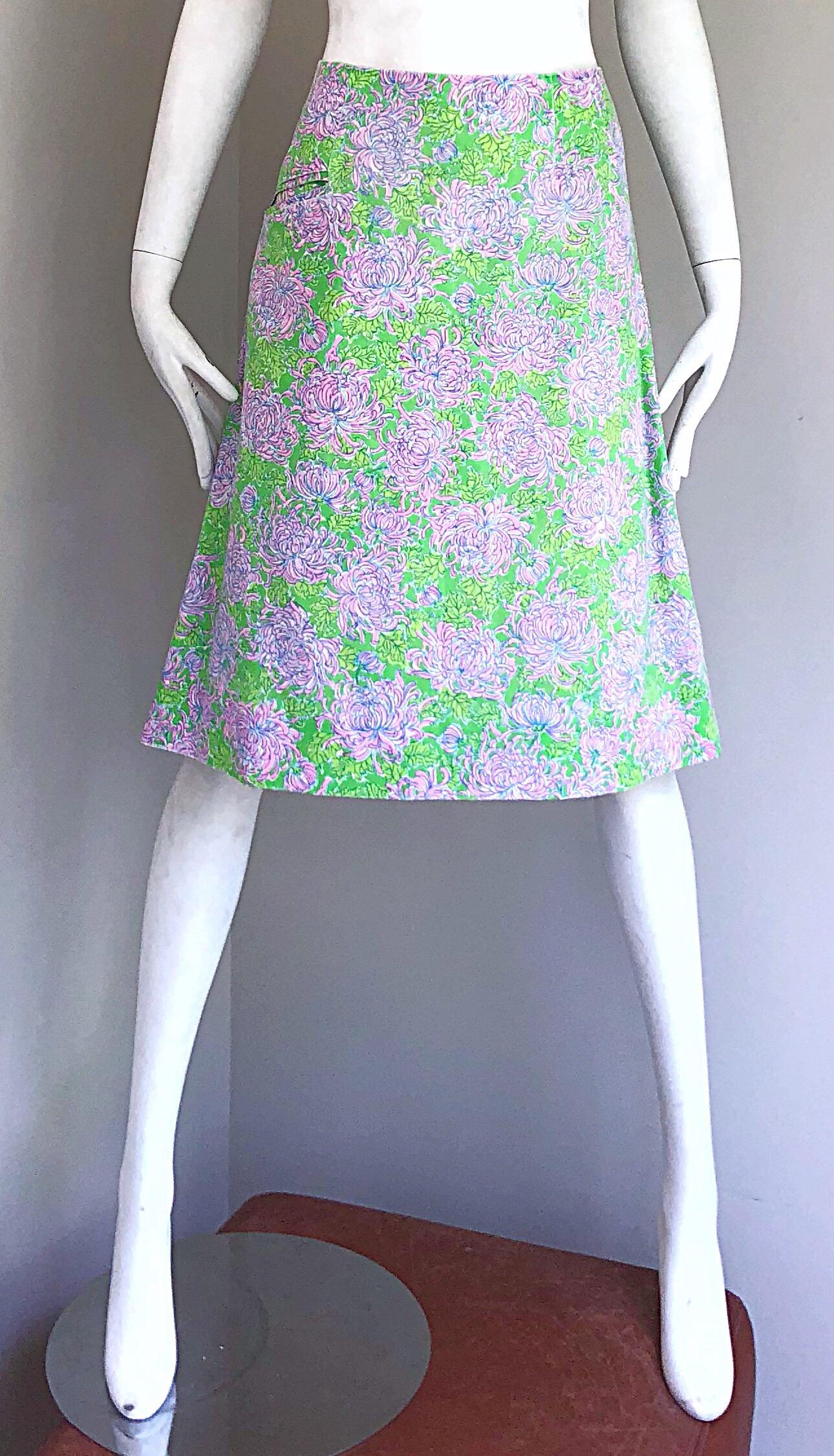 1960s Lilly Pulitzer Neon Green + Pink Flower Print 60s Vintage A - Line Skirt 6