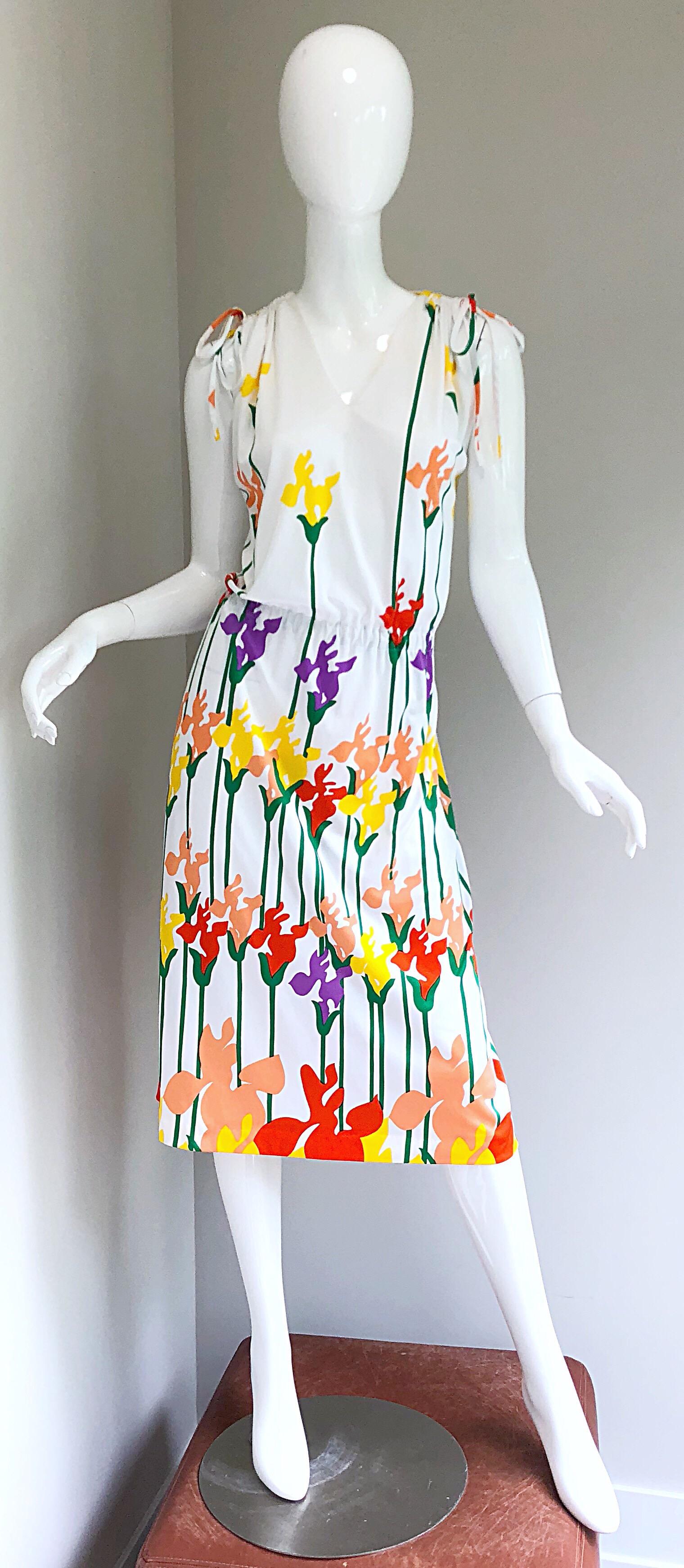 Incredible vintage 1970s LANVIN tulip / butterfly print colorful drawstring dress! Features tulip flowers that look like a cross between a tulip and a butterfly. Elastic waistband and stretch jersey fabric make this rare gem easy to wear by an array