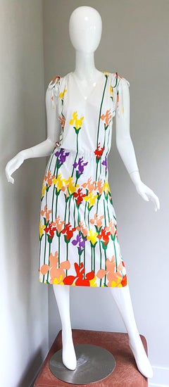 Lanvin Vintage 1970s Tulip Butterfly Print Colorful 70s Jersey Drawstring Dress