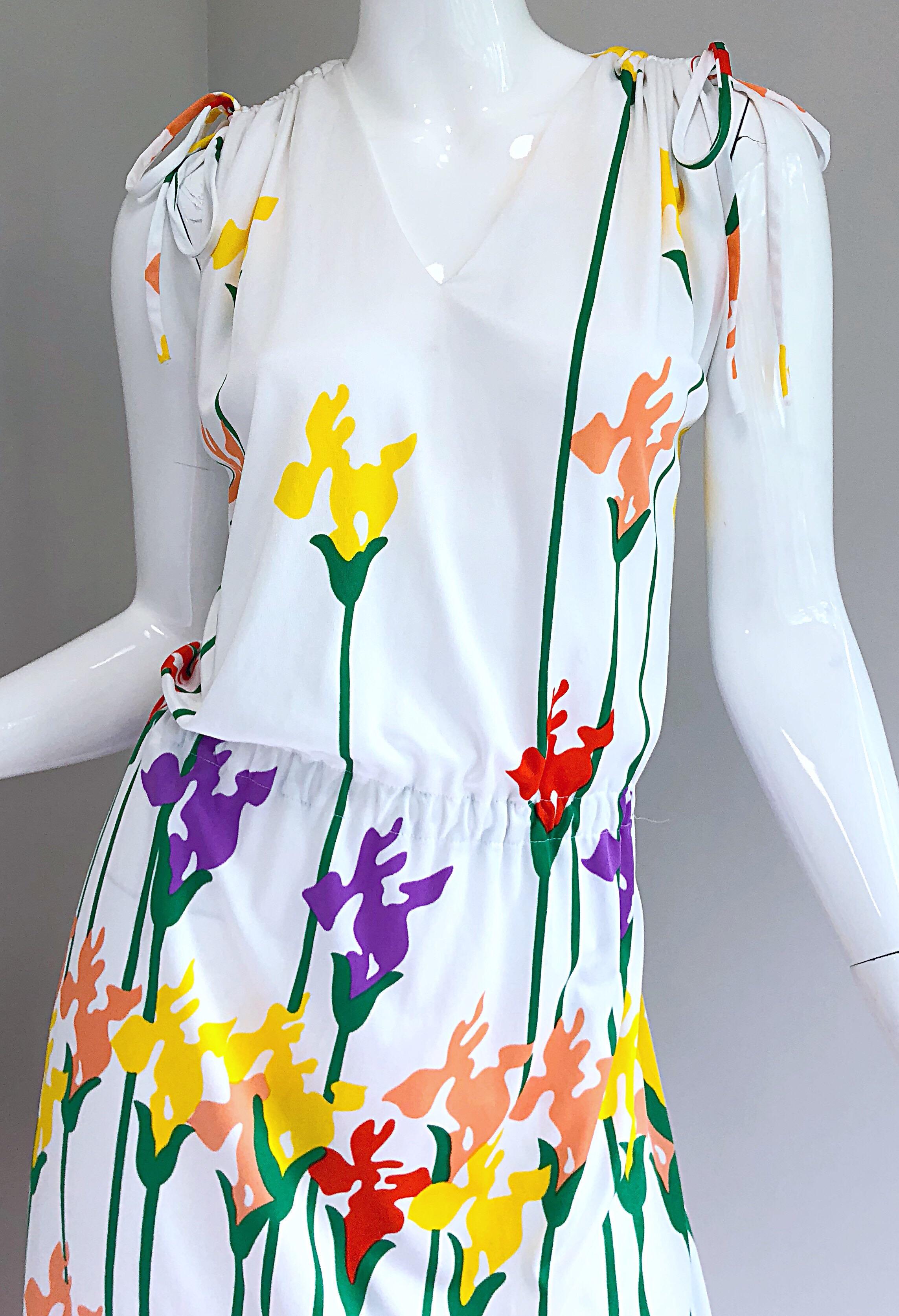 Beige Lanvin Vintage 1970s Tulip Butterfly Print Colorful 70s Jersey Drawstring Dress For Sale