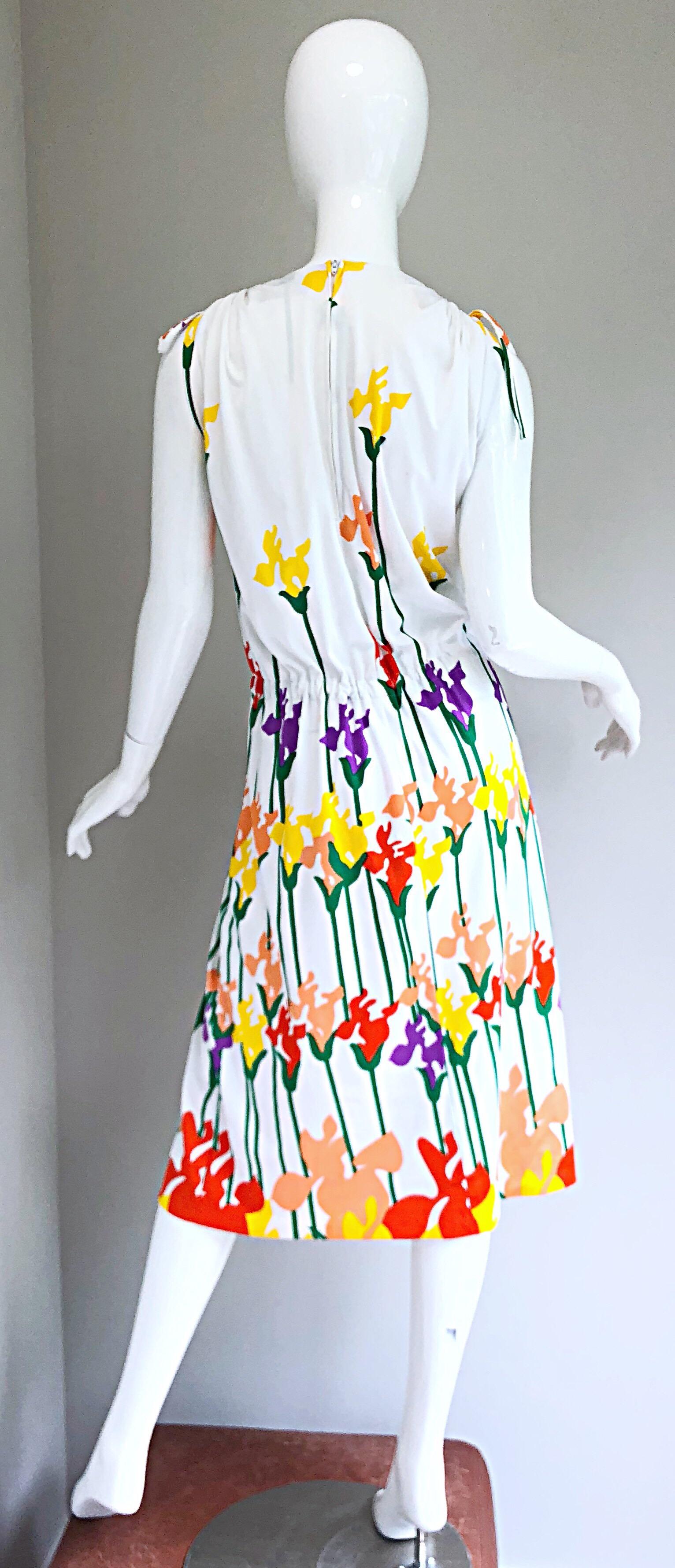 Lanvin Vintage 1970s Tulip Butterfly Print Colorful 70s Jersey Drawstring Dress In Excellent Condition For Sale In San Diego, CA