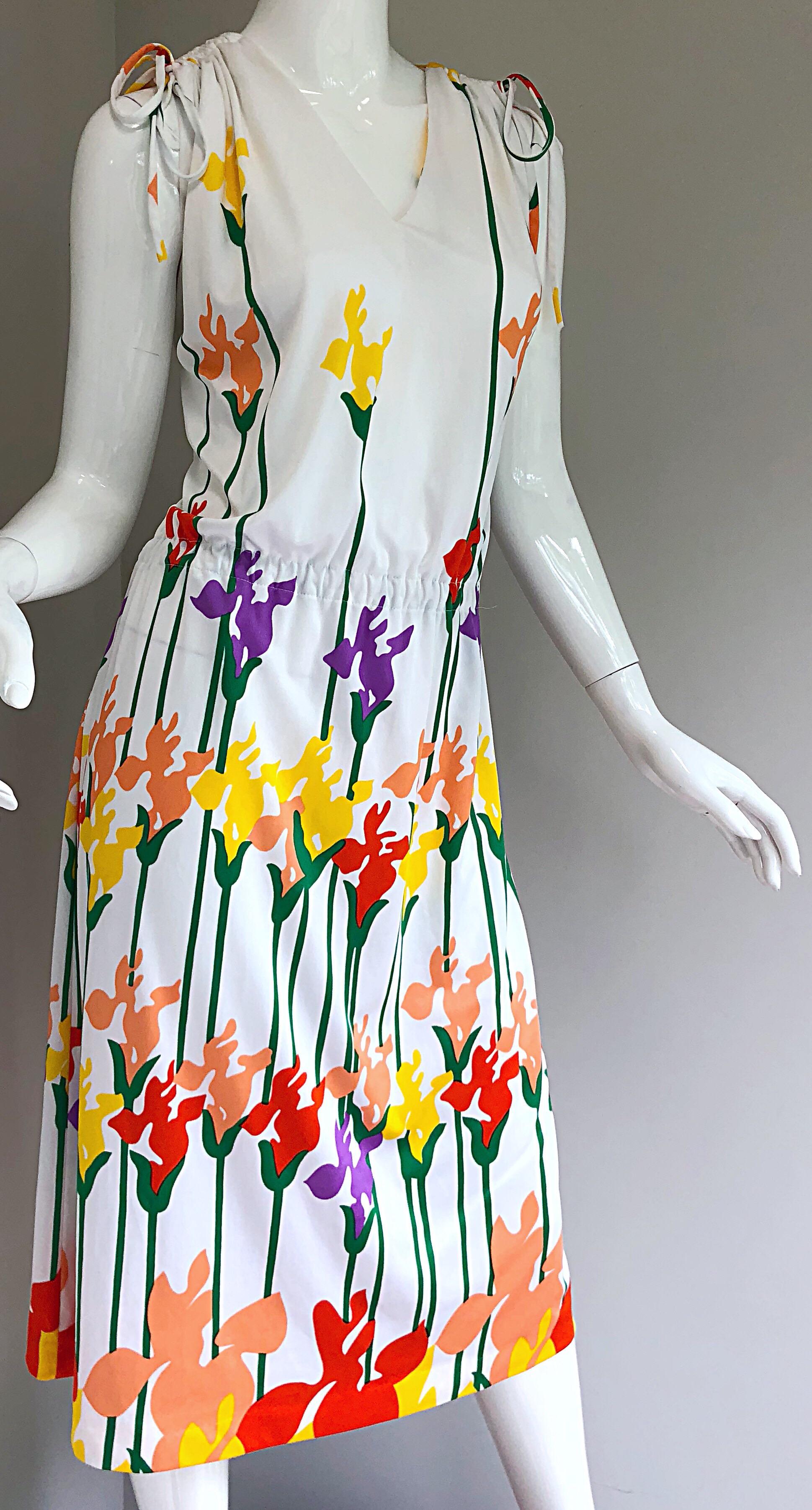Lanvin Vintage 1970s Tulip Butterfly Print Colorful 70s Jersey Drawstring Dress For Sale 1