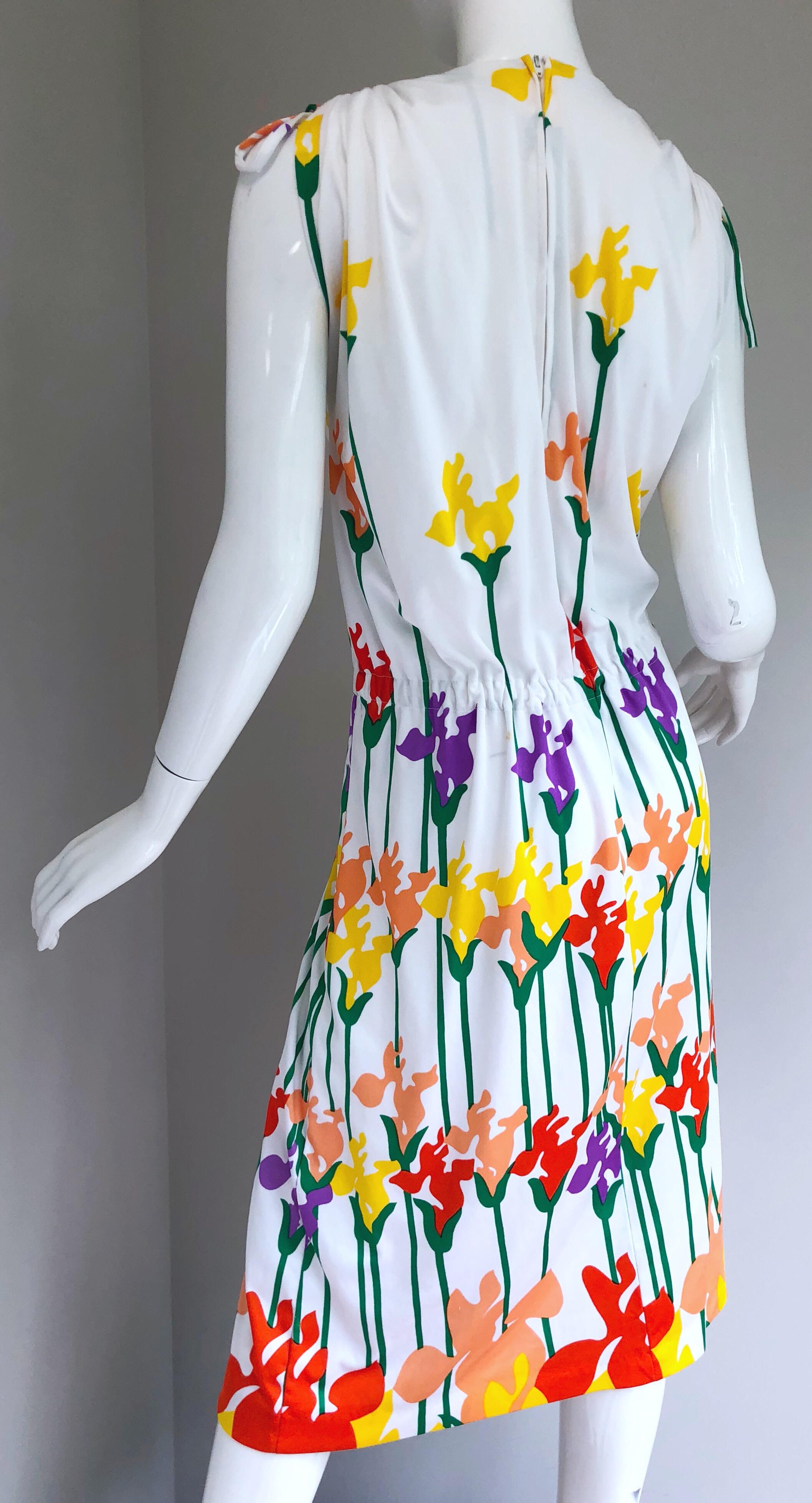 Lanvin Vintage 1970s Tulip Butterfly Print Colorful 70s Jersey Drawstring Dress For Sale 2