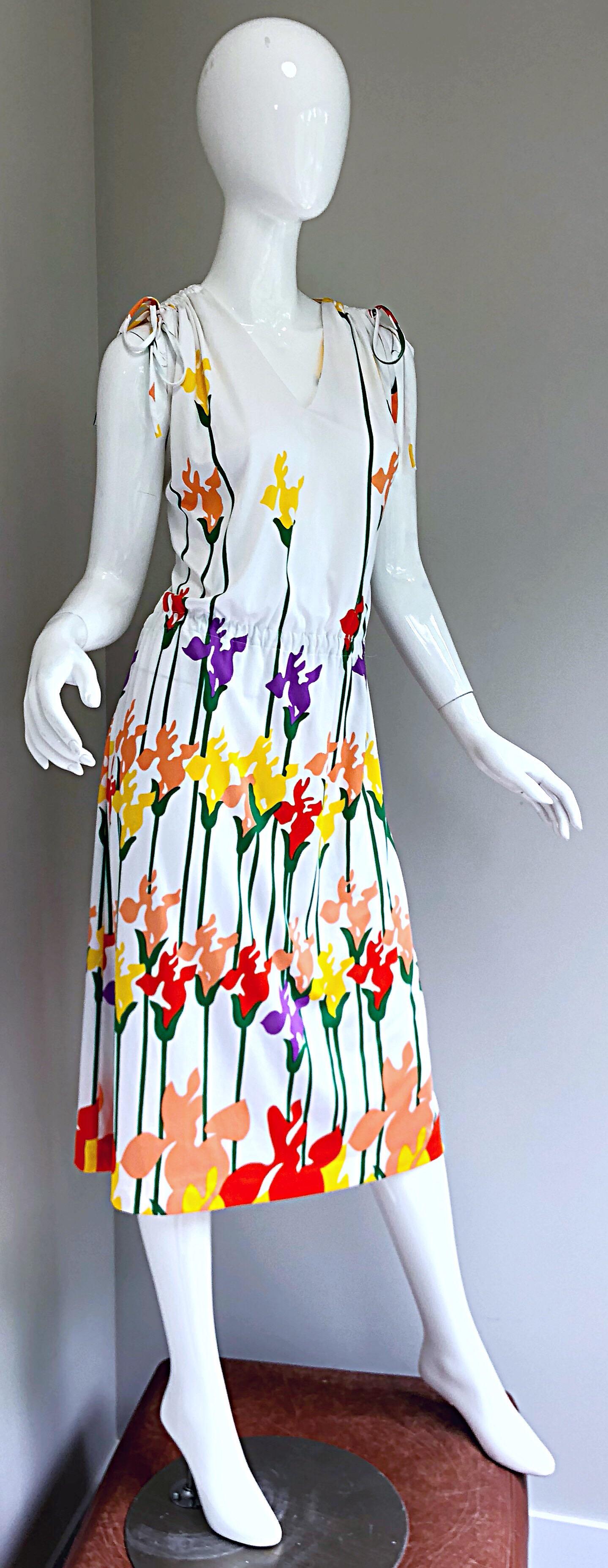 Lanvin Vintage 1970s Tulip Butterfly Print Colorful 70s Jersey Drawstring Dress For Sale 6