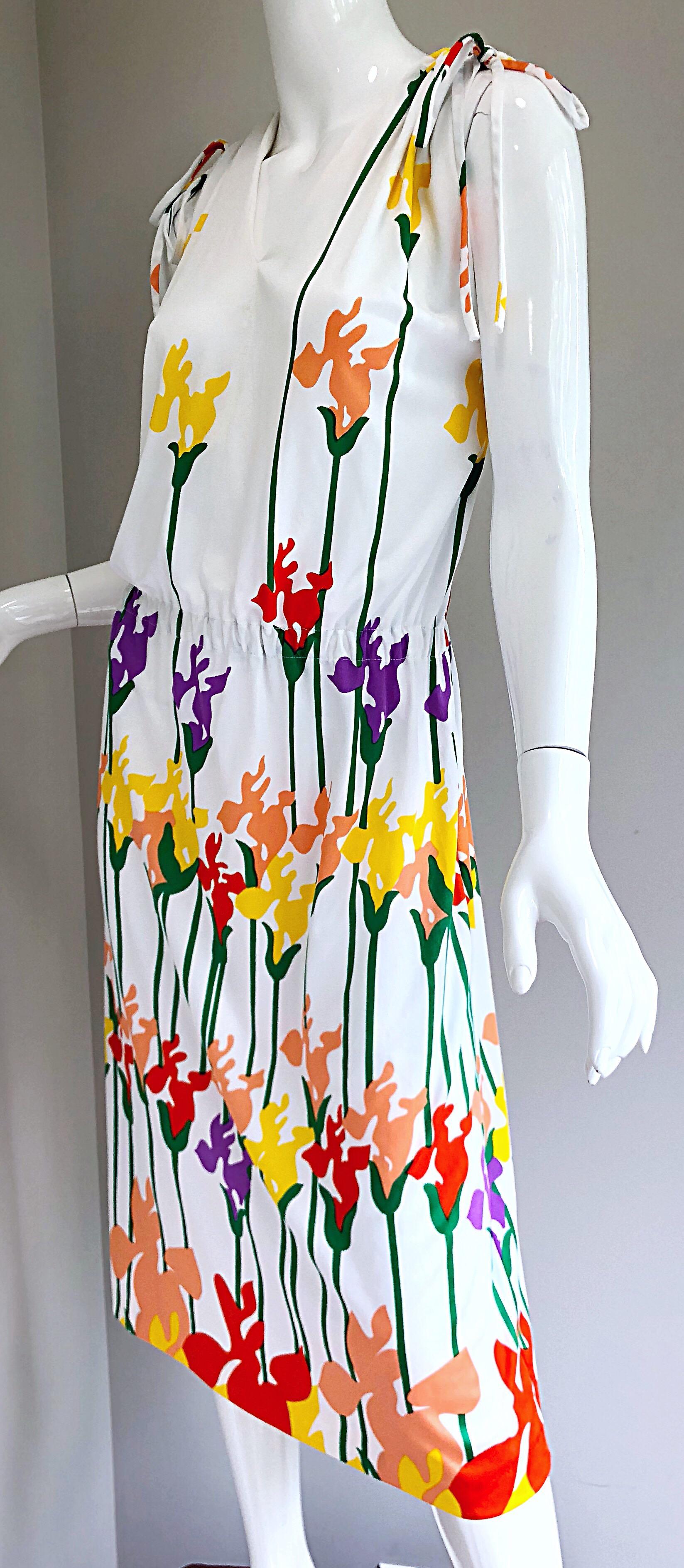Lanvin Vintage 1970s Tulip Butterfly Print Colorful 70s Jersey Drawstring Dress For Sale 7
