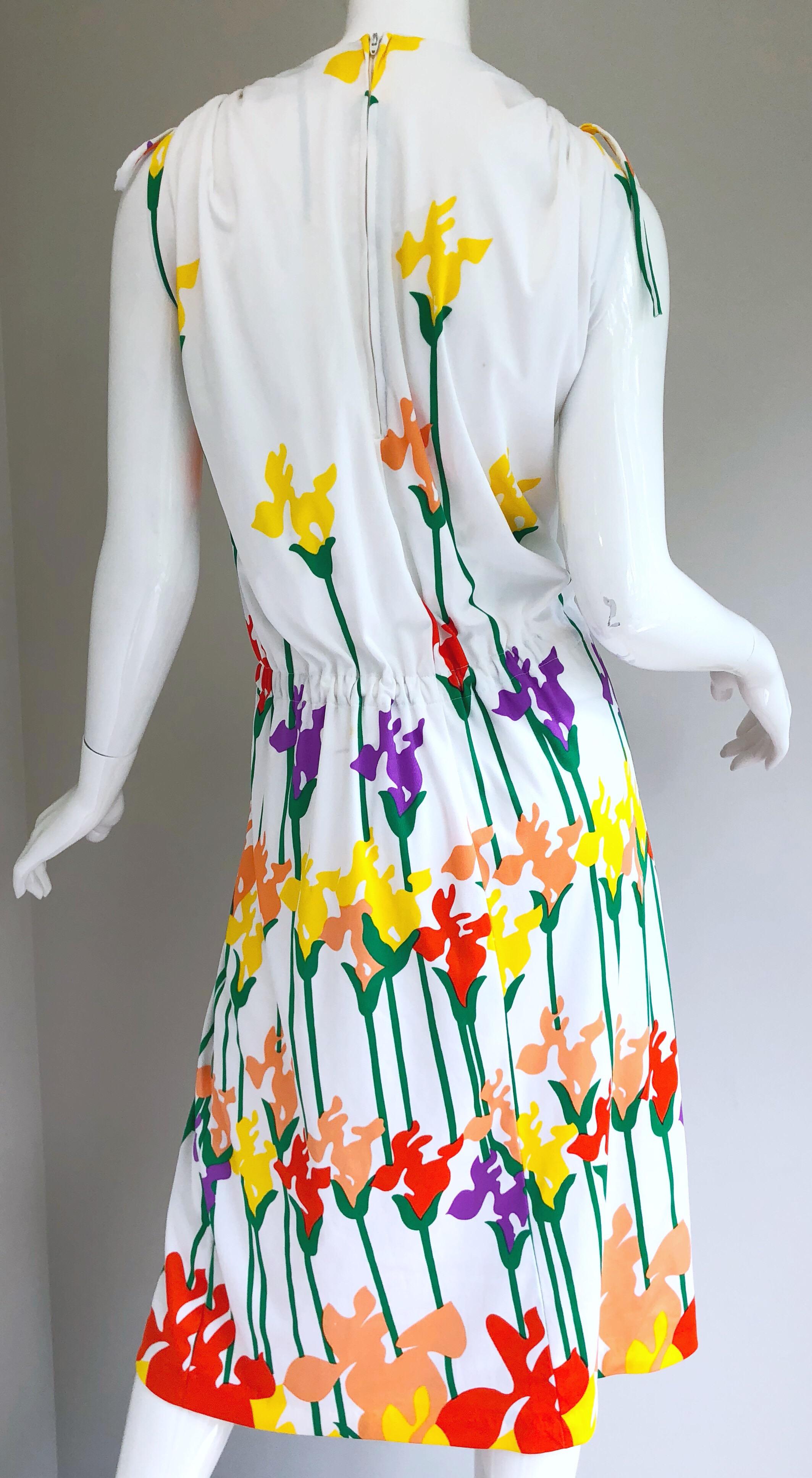 Lanvin Vintage 1970s Tulip Butterfly Print Colorful 70s Jersey Drawstring Dress For Sale 8