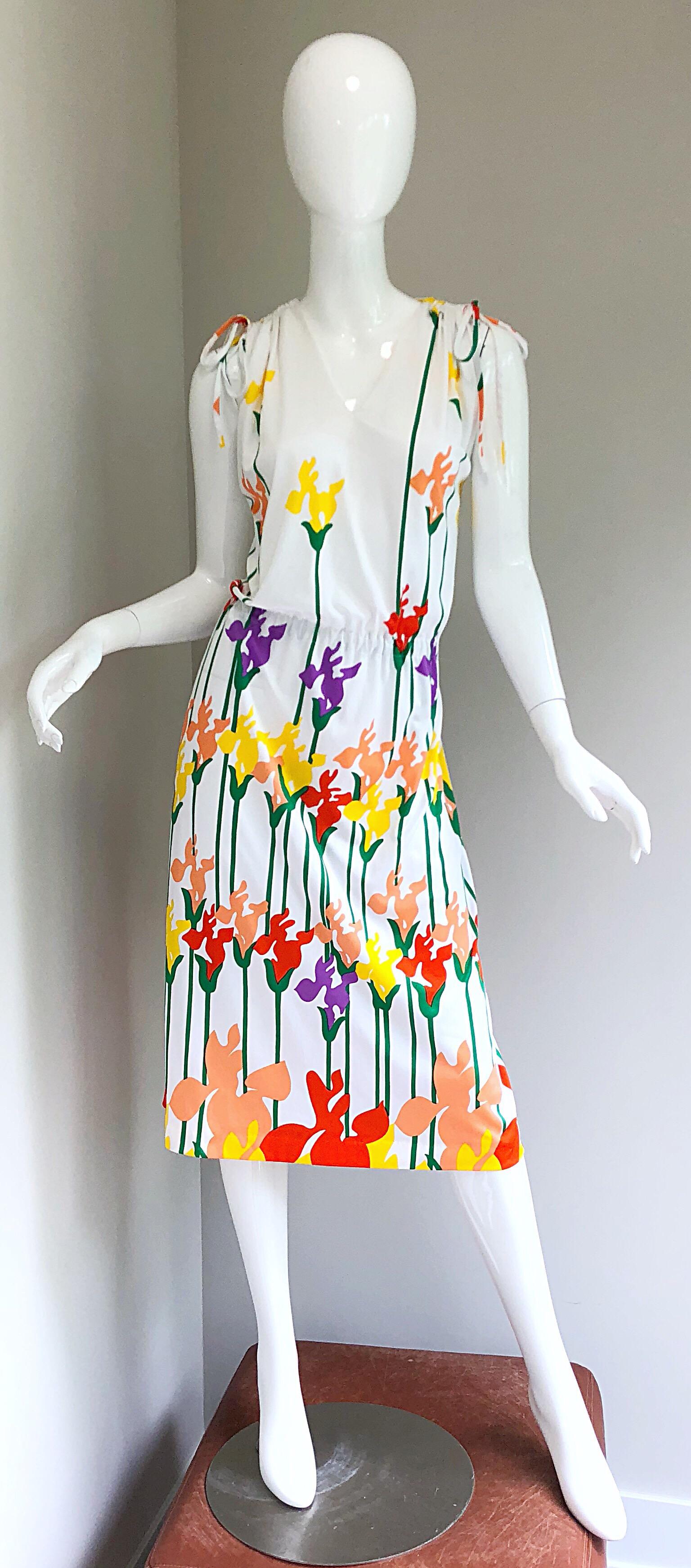 Lanvin Vintage 1970s Tulip Butterfly Print Colorful 70s Jersey Drawstring Dress For Sale 9