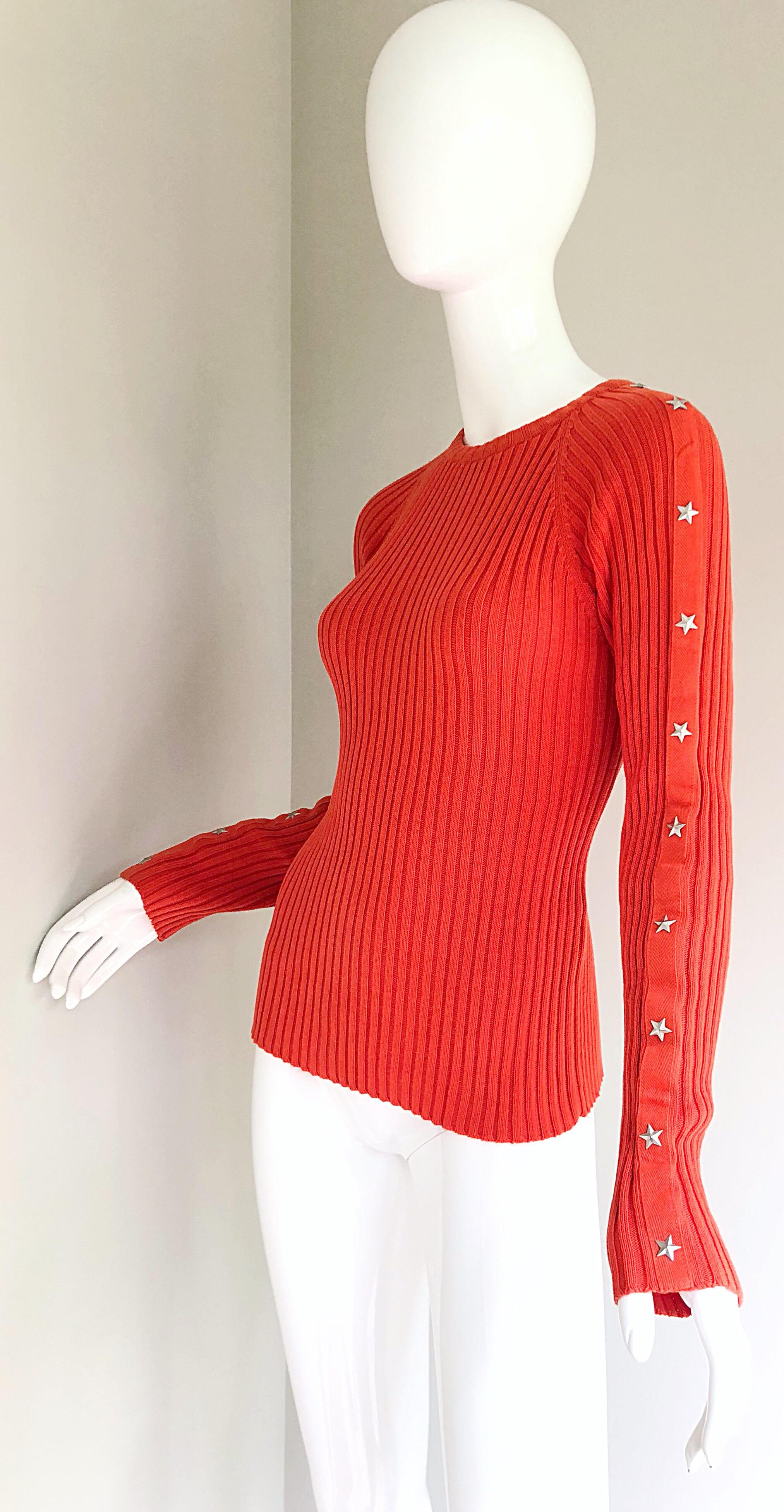 Vintage Moschino Orange Silver Star Studded 1990s Long Sleeve Cotton Sweater Top In Excellent Condition In San Diego, CA