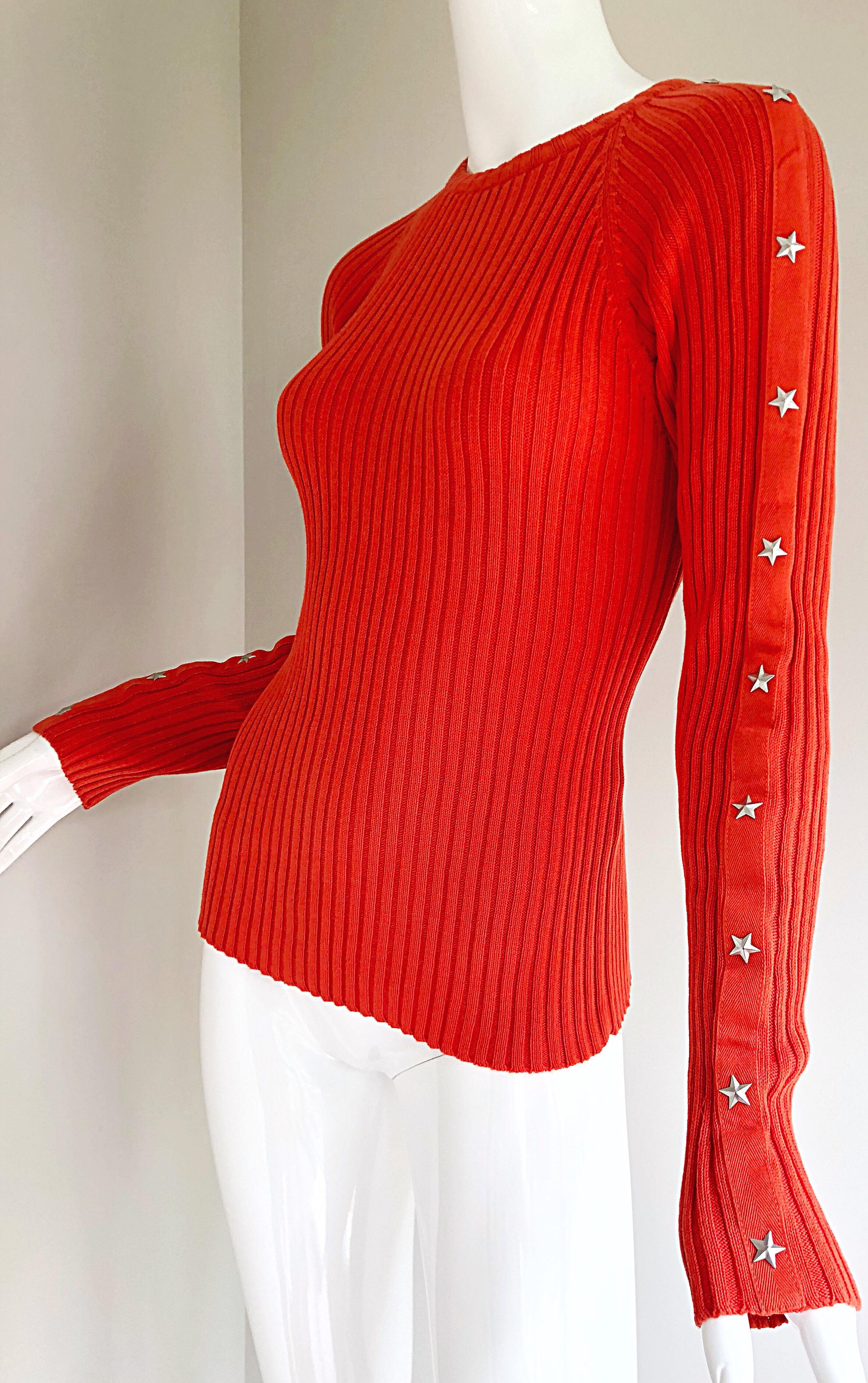 Vintage Moschino Orange Silver Star Studded 1990s Long Sleeve Cotton Sweater Top 2
