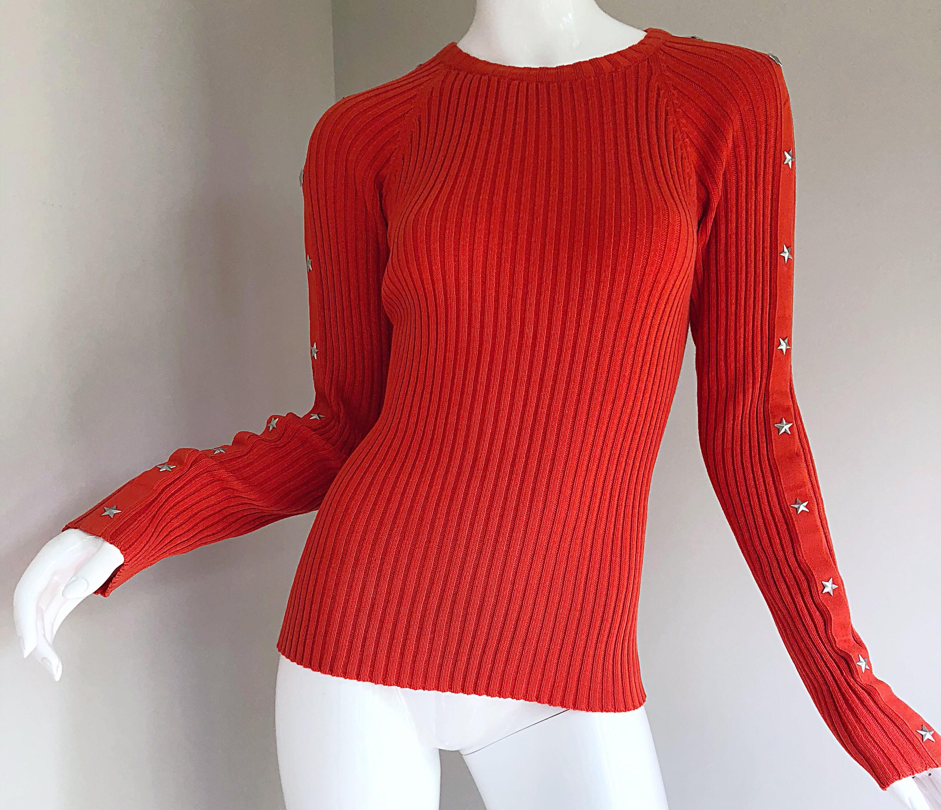Vintage Moschino Orange Silver Star Studded 1990s Long Sleeve Cotton Sweater Top 4