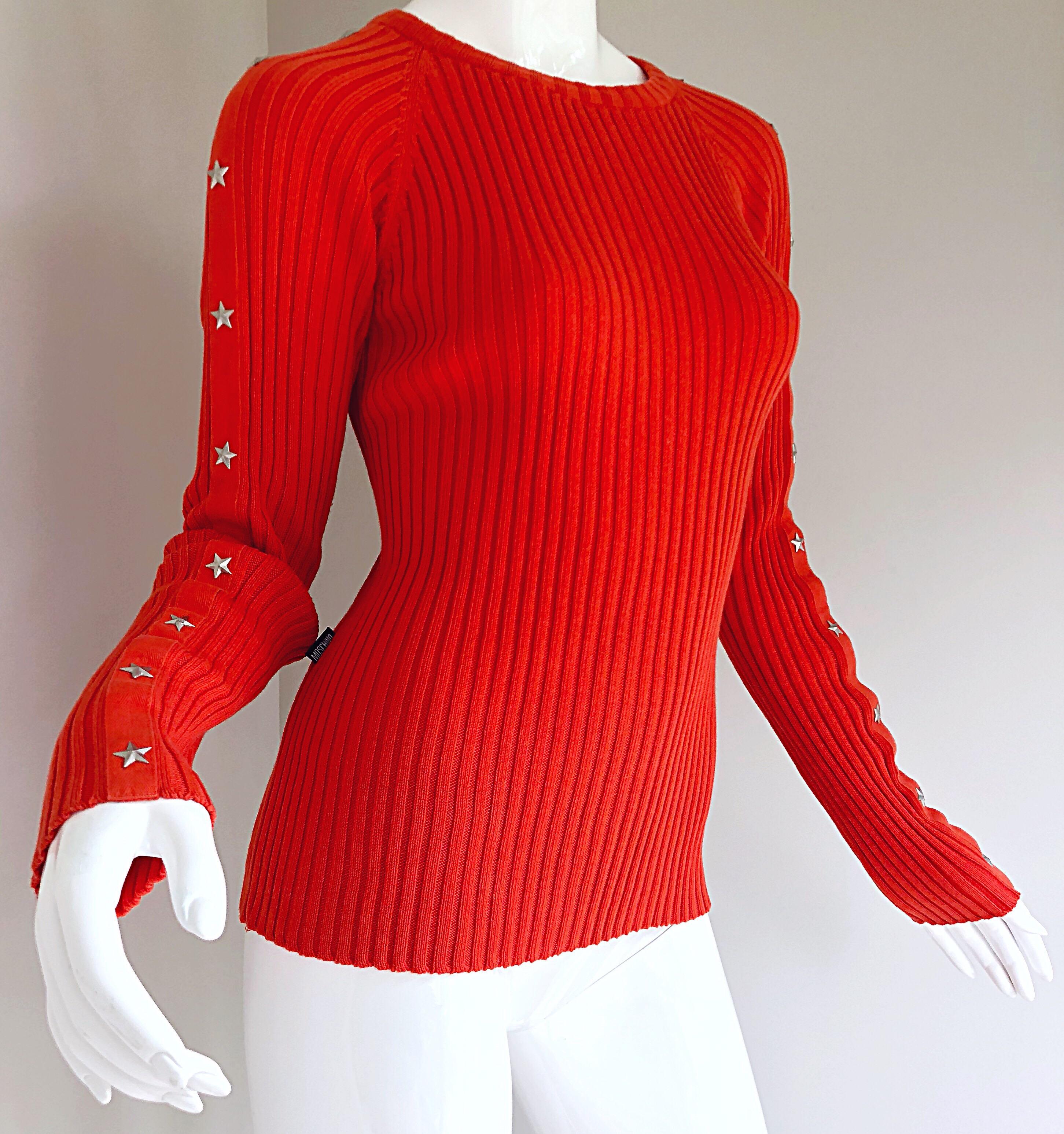 Vintage Moschino Orange Silver Star Studded 1990s Long Sleeve Cotton Sweater Top 7