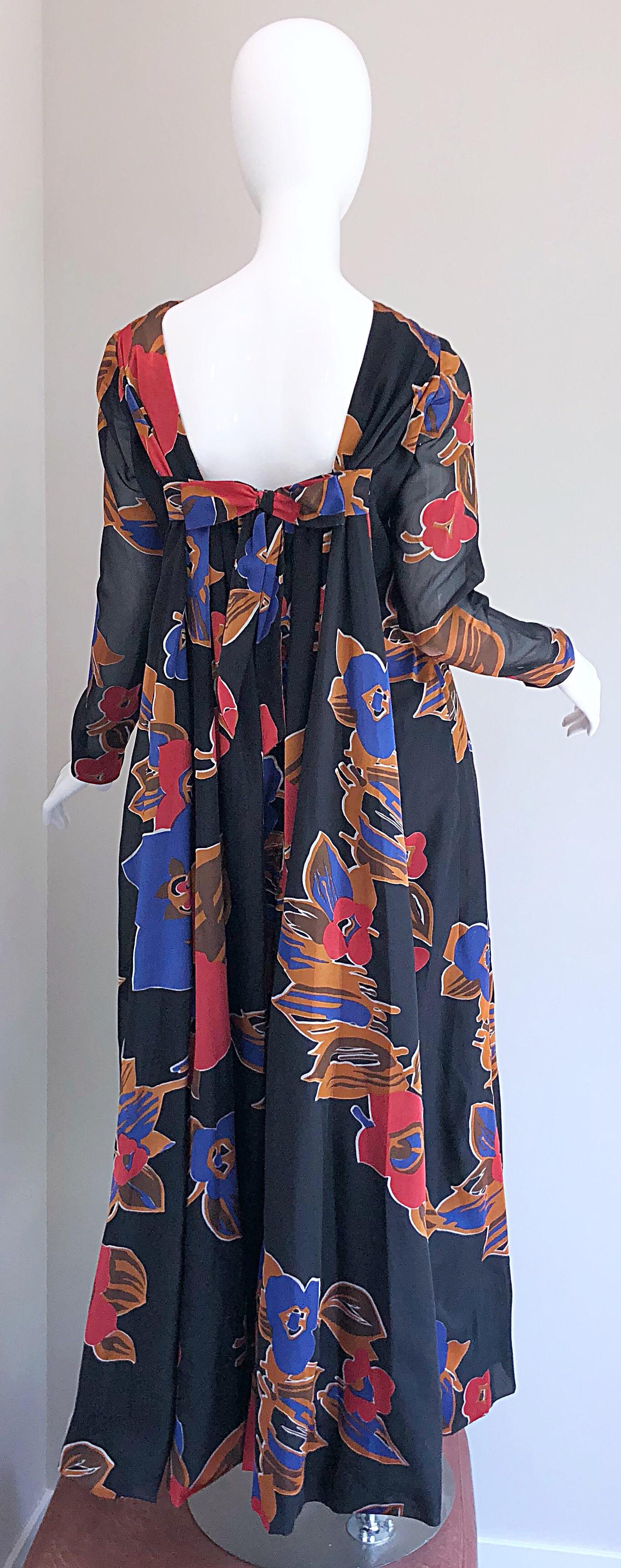 1960s John Boyle Bishop Black + Brown + Red Abstract Trained 60s Gown Maxi Dress In Excellent Condition For Sale In San Diego, CA