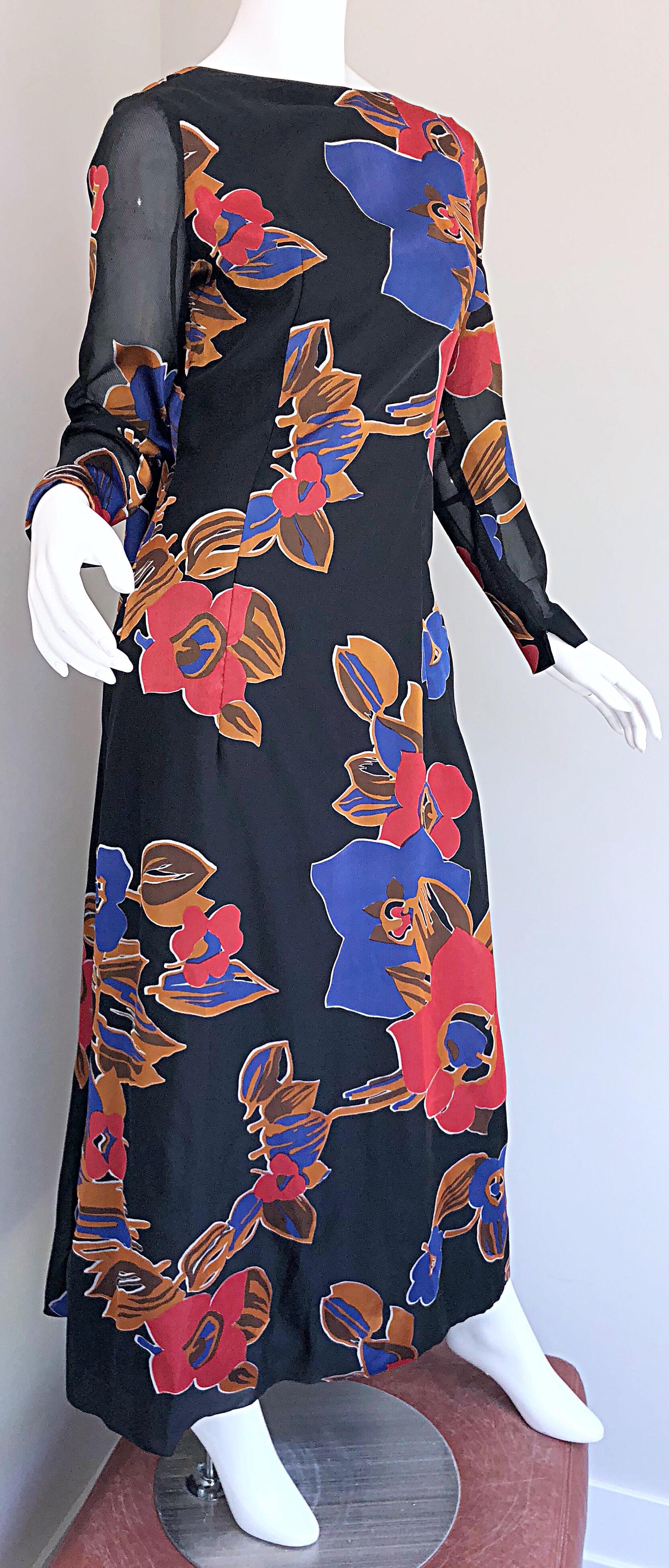 Women's 1960s John Boyle Bishop Black + Brown + Red Abstract Trained 60s Gown Maxi Dress For Sale