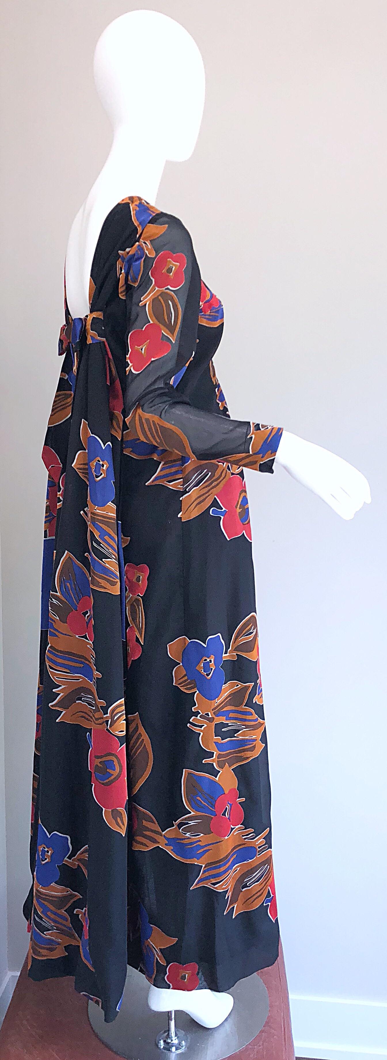 1960s John Boyle Bishop Black + Brown + Red Abstract Trained 60s Gown Maxi Dress For Sale 1