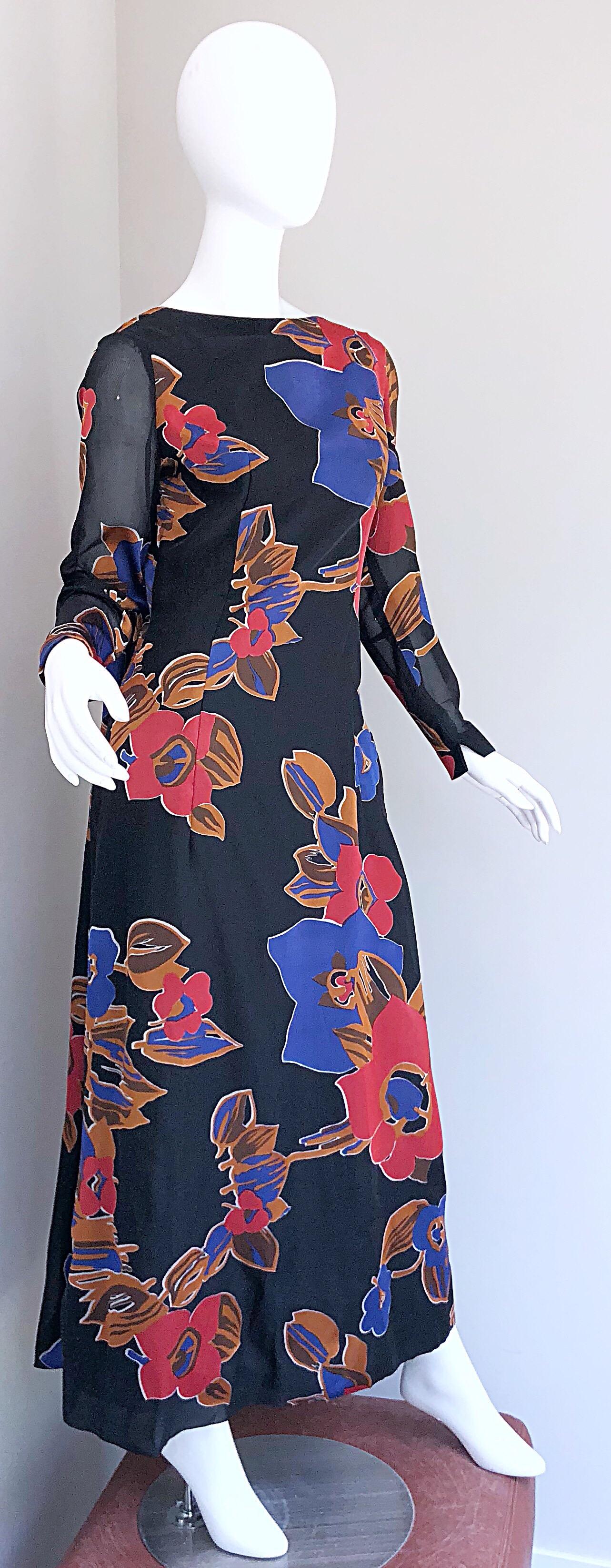 1960s John Boyle Bishop Black + Brown + Red Abstract Trained 60s Gown Maxi Dress For Sale 2