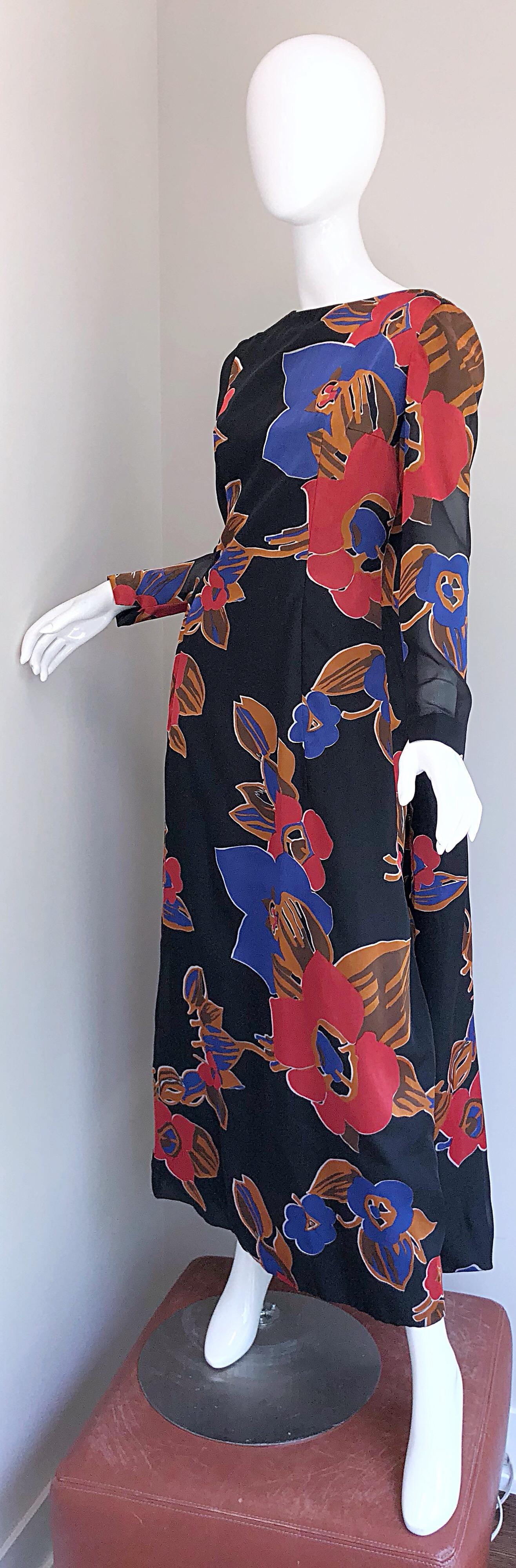 1960s John Boyle Bishop Black + Brown + Red Abstract Trained 60s Gown Maxi Dress For Sale 4